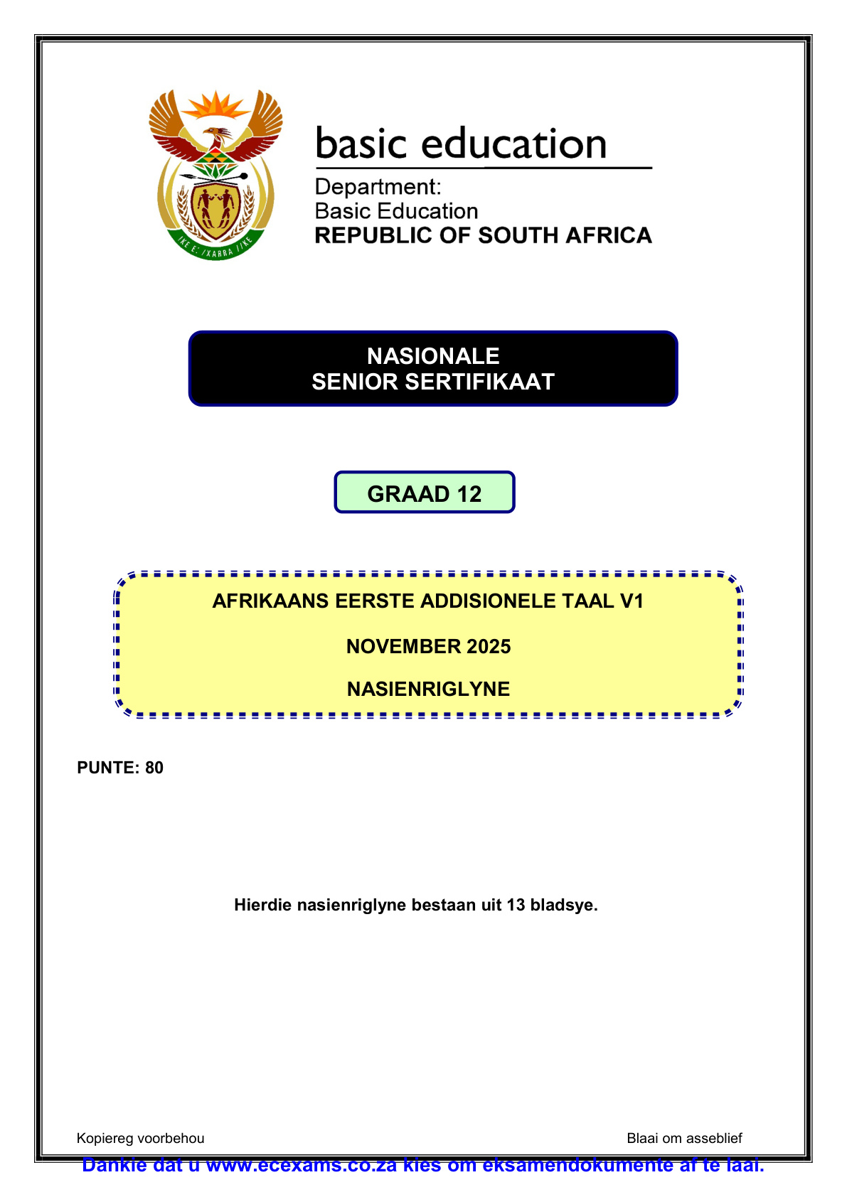 Afrikaans First Additional Language Grade 12 DBE NSC November 2025 Paper 1 - Memo (Eastern Cape)