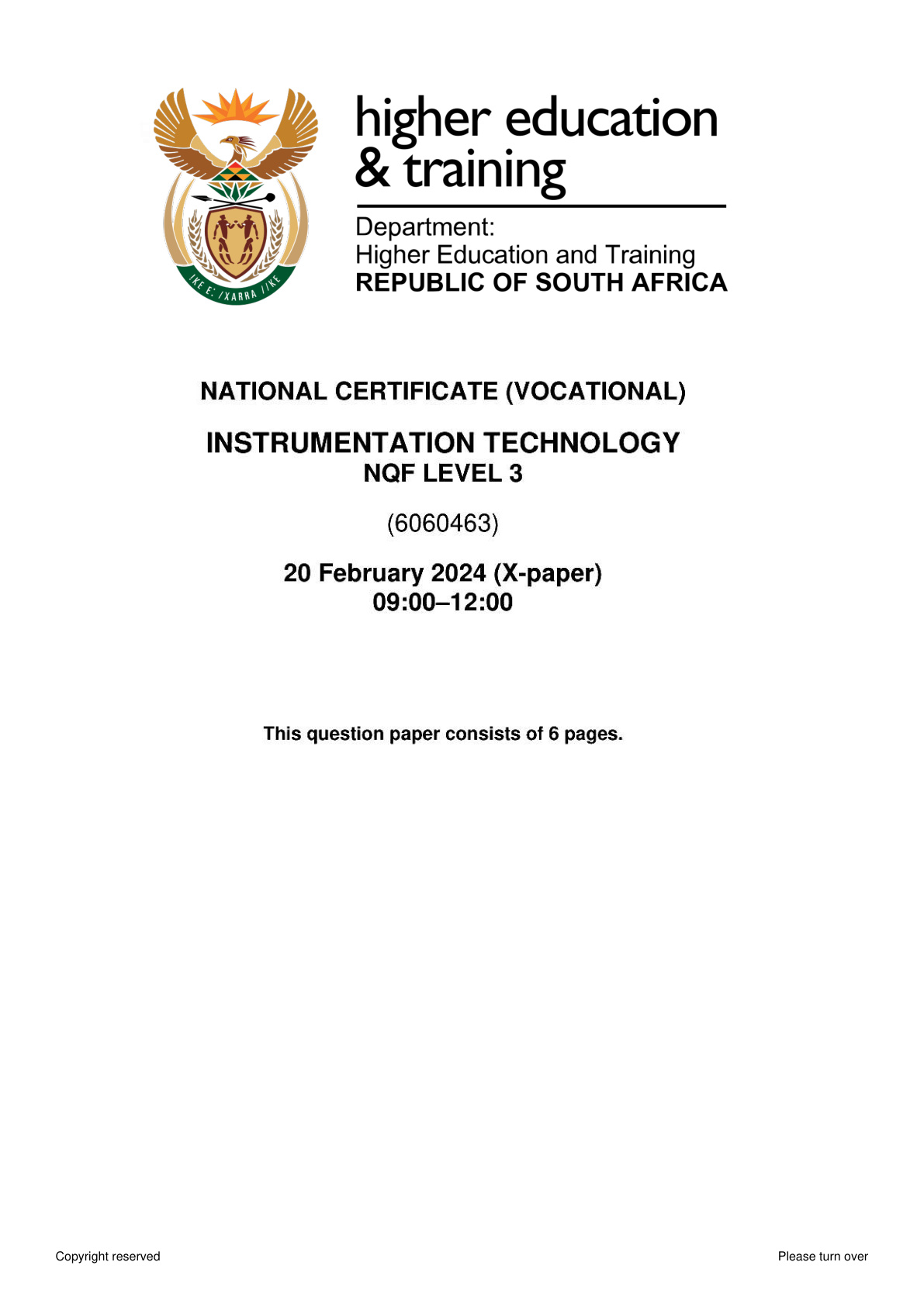Instrumentation Technology Level 3 DHET NCV 2024 - Question Paper