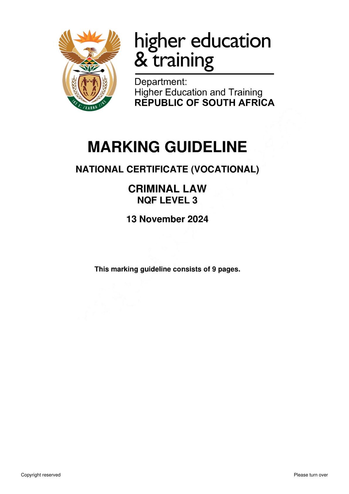 Criminal Law Level 3 DHET NCV November 2024 - Memo