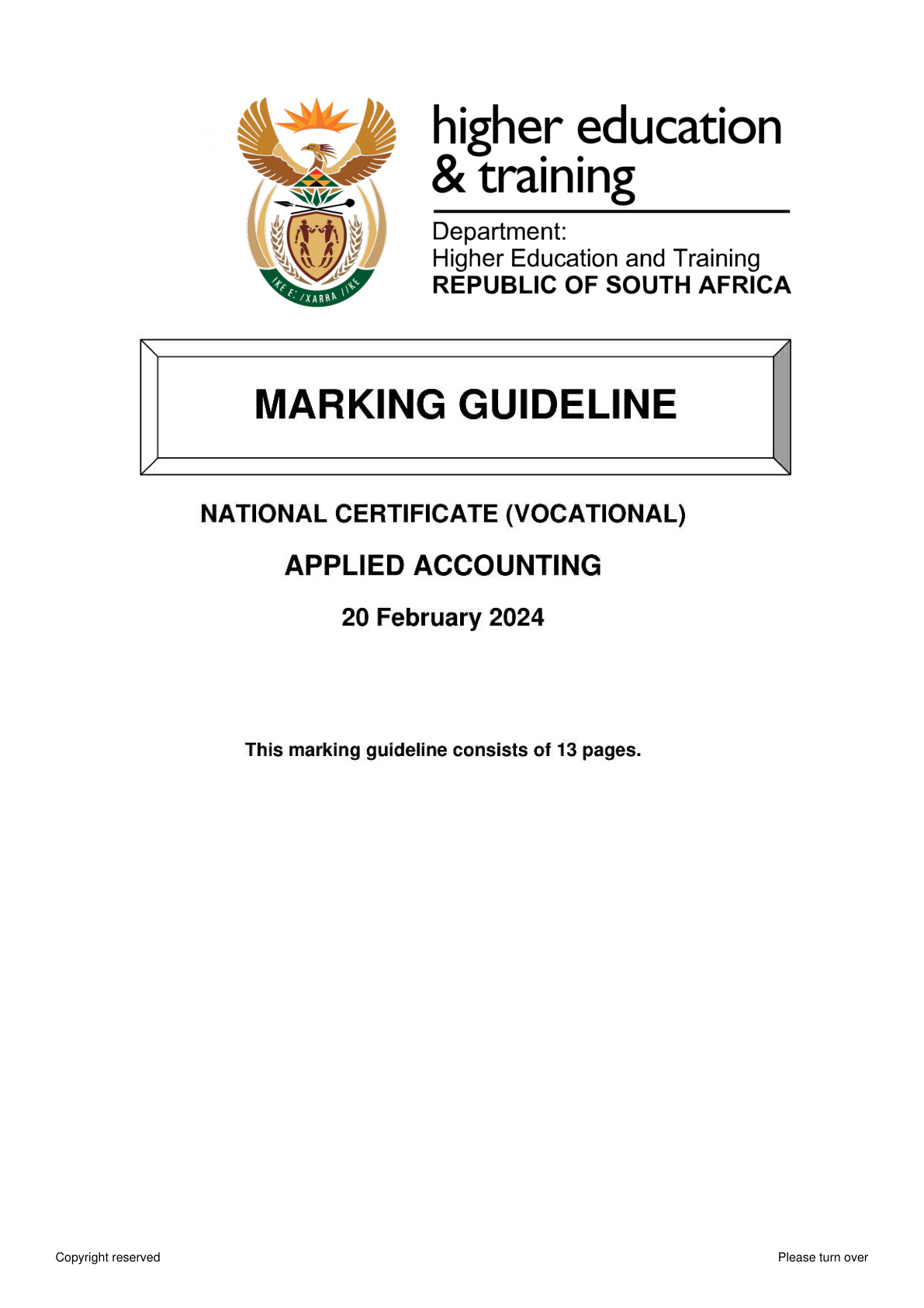 Applied Accounting Level 3 DHET NCV 2024 - Memo