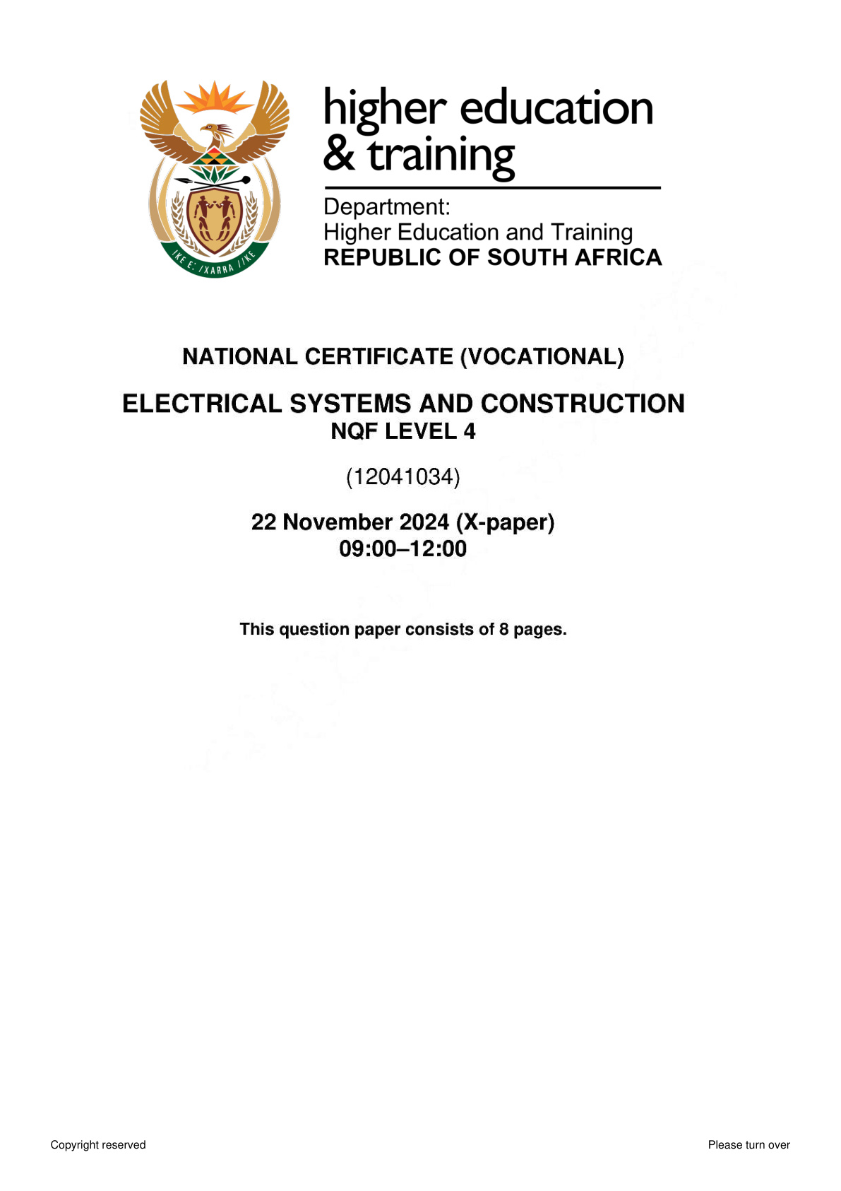Electrical Systems and Construction Level 4 DHET NCV November 2024 - Question Paper