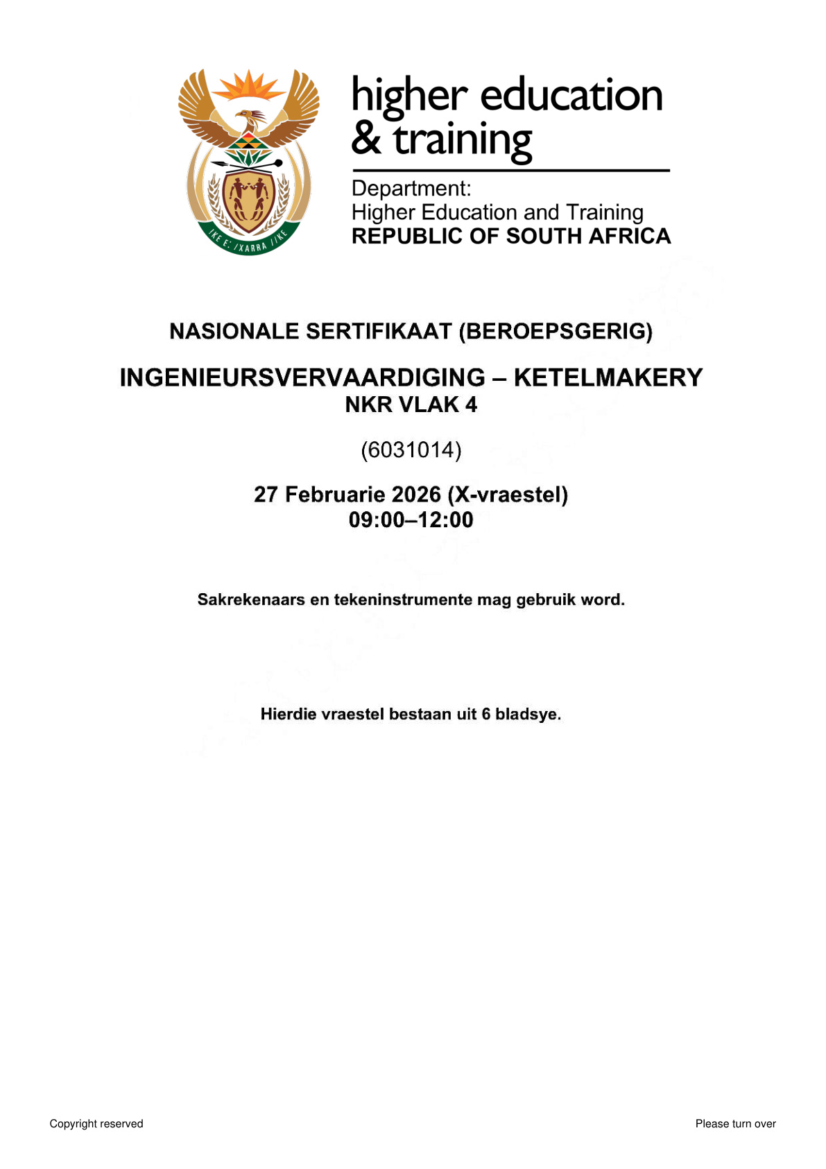 Engineering Fabrication: Boilermaking Level 4 DHET NCV 2026 - Question Paper