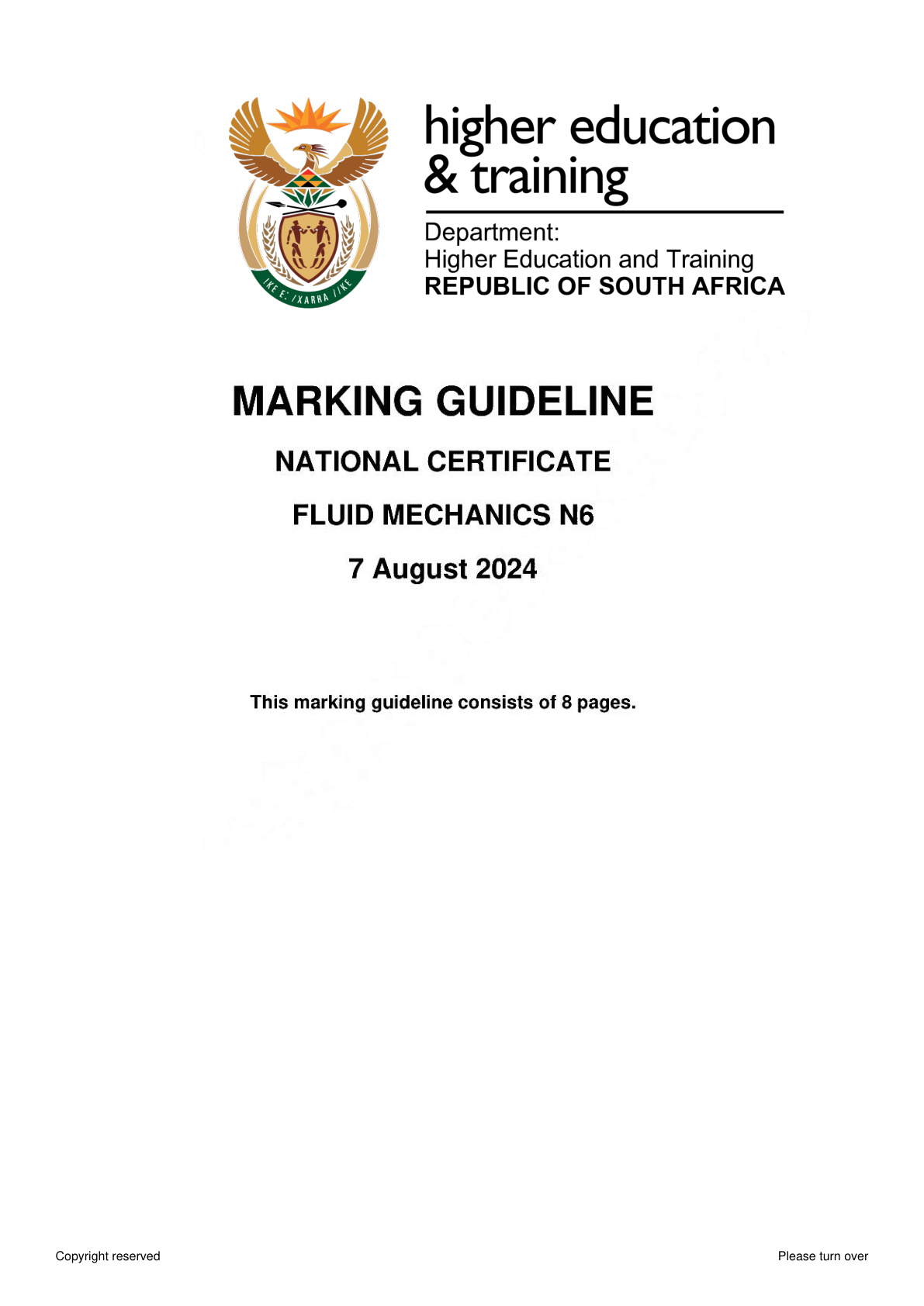 Fluid Mechanics N6 DHET NATED August 2024 - Memo