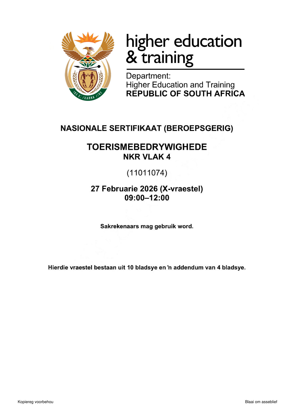 Tourism Operations Level 4 DHET NCV February 2026 - Question Paper