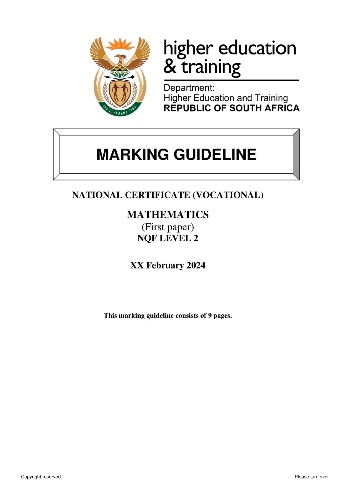 Mathematics Level 2 DHET NCV 2024 Paper 1 - Memo