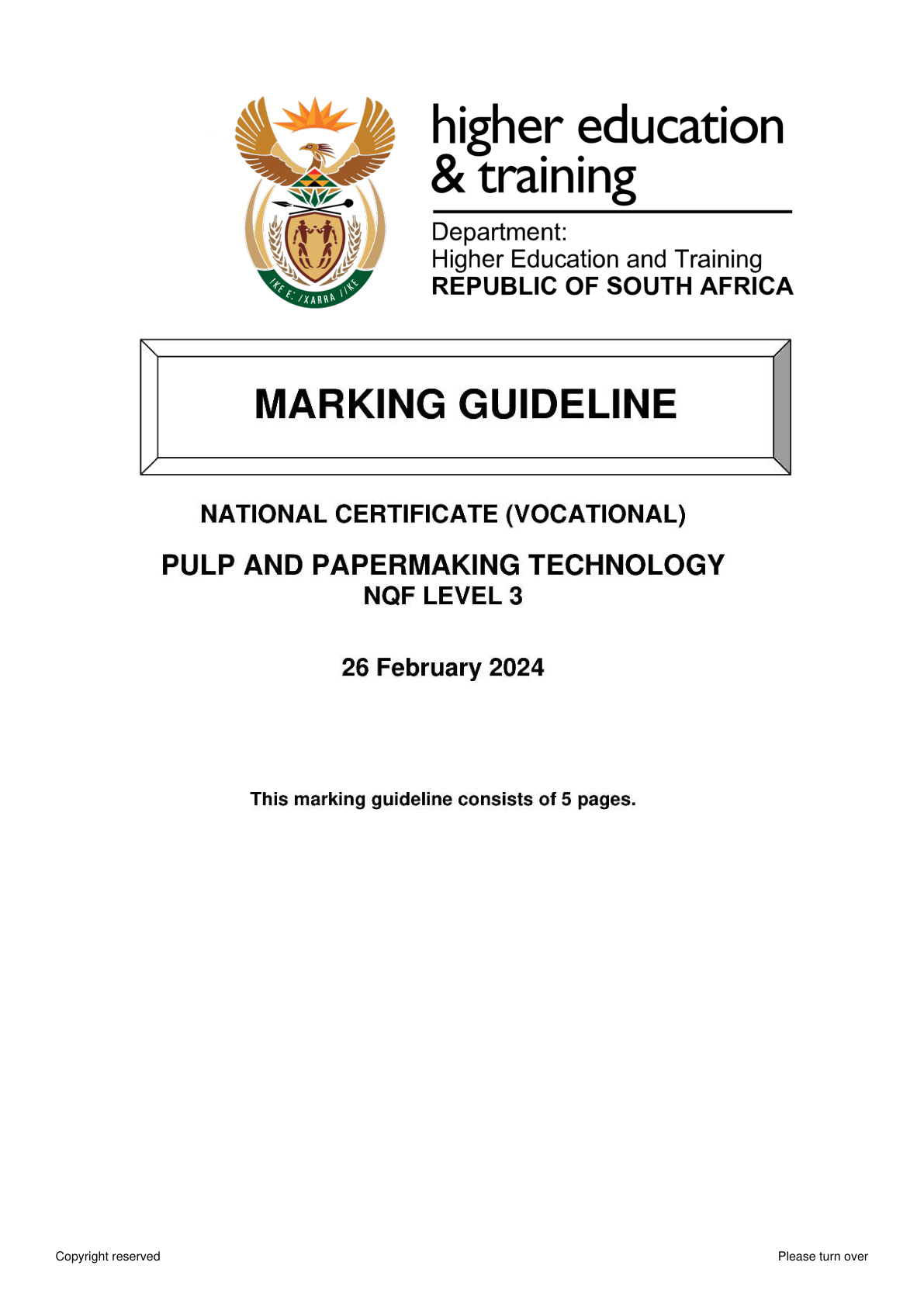 Pulp and Papermaking Technology Level 3 DHET NCV 2024 - Memo
