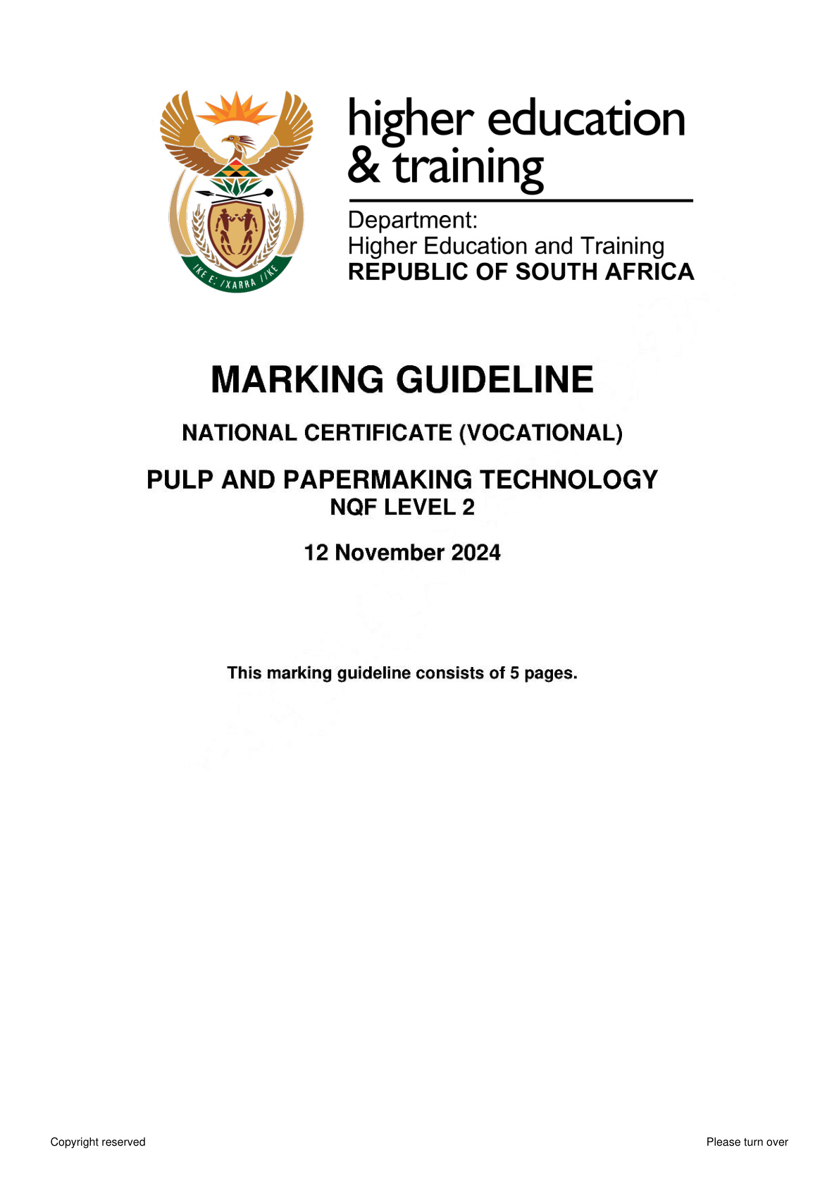 Pulp and Papermaking Technology Level 2 DHET NCV November 2024 - Memo