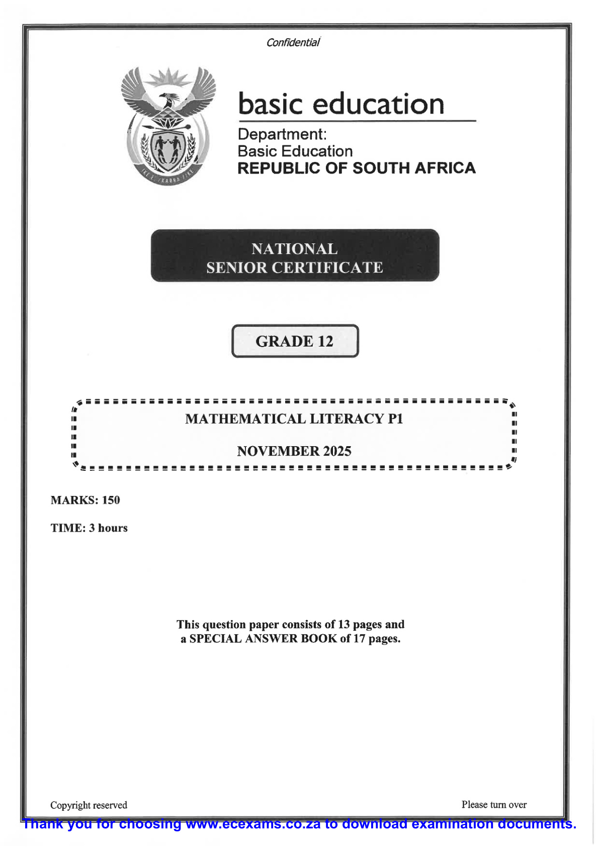 Mathematical Literacy Grade 12 DBE NSC November 2025 Paper 1 - Question Paper (Eastern Cape)