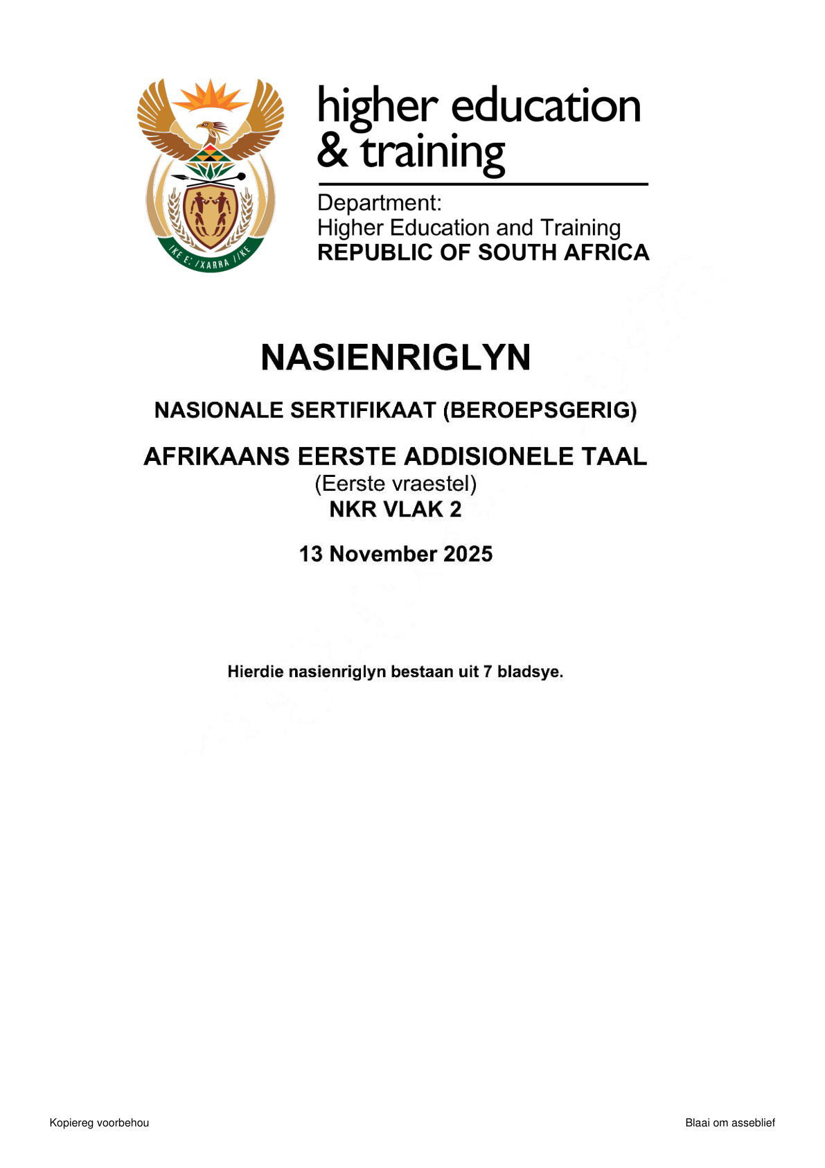 Afrikaans First Additional Language Level 2 DHET NCV November 2025 Paper 1 - Memo