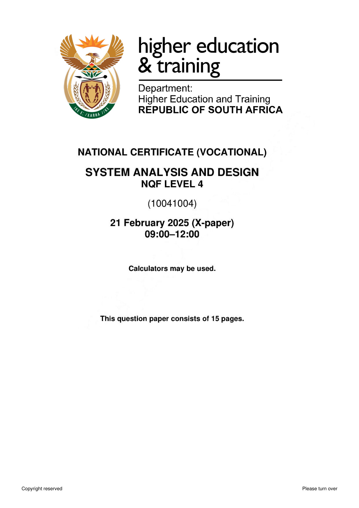Systems Analysis and Design Level 4 DHET NCV February 2025 - Question Paper