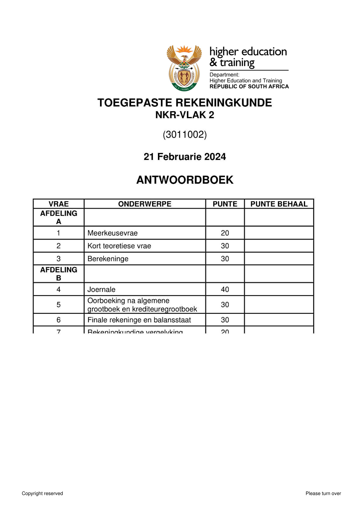 Applied Accounting Level 2 Dhet NCV 2024 - Answer Book