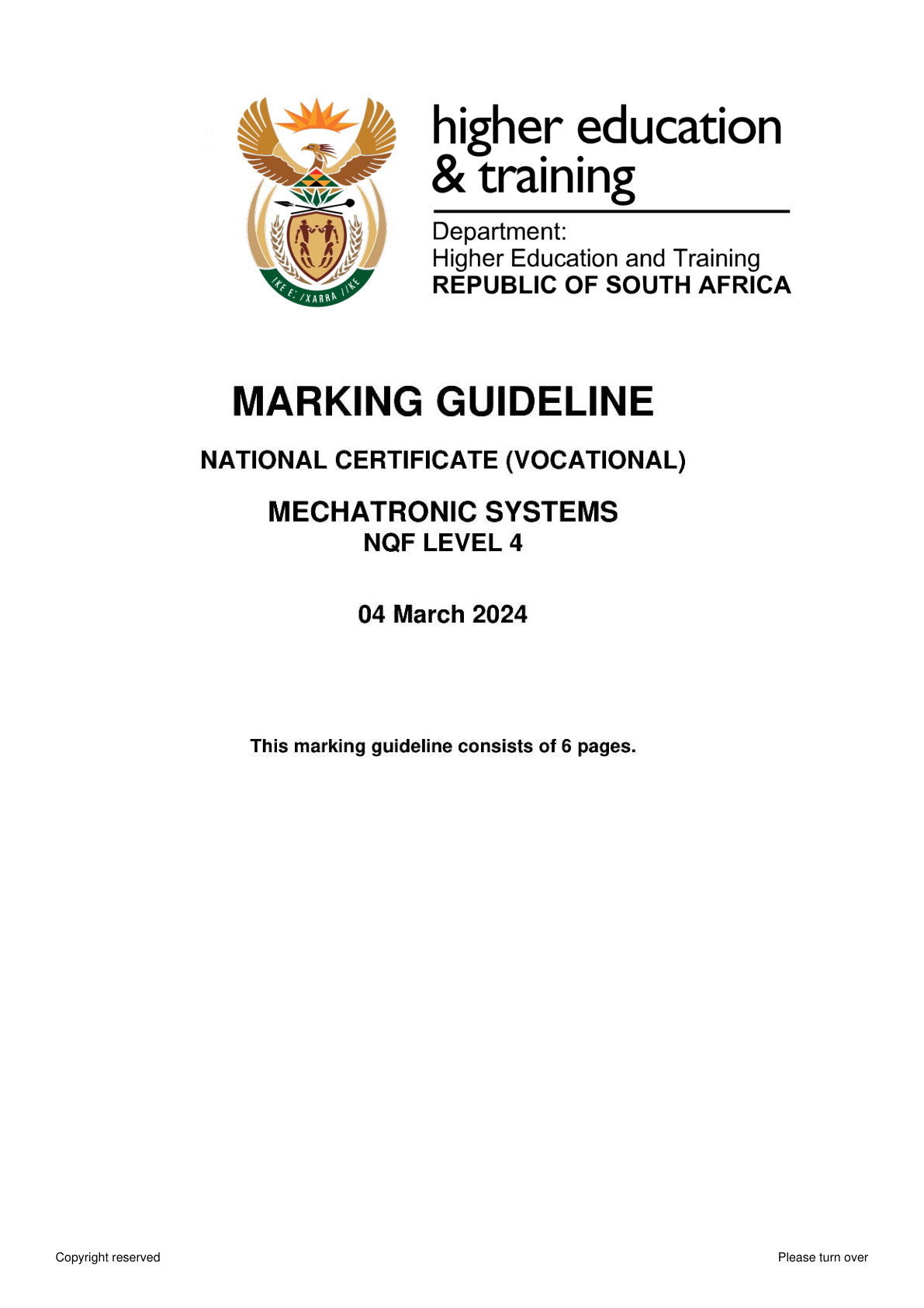 Mechatronic Systems Level 4 DHET NCV 2024 - Memo