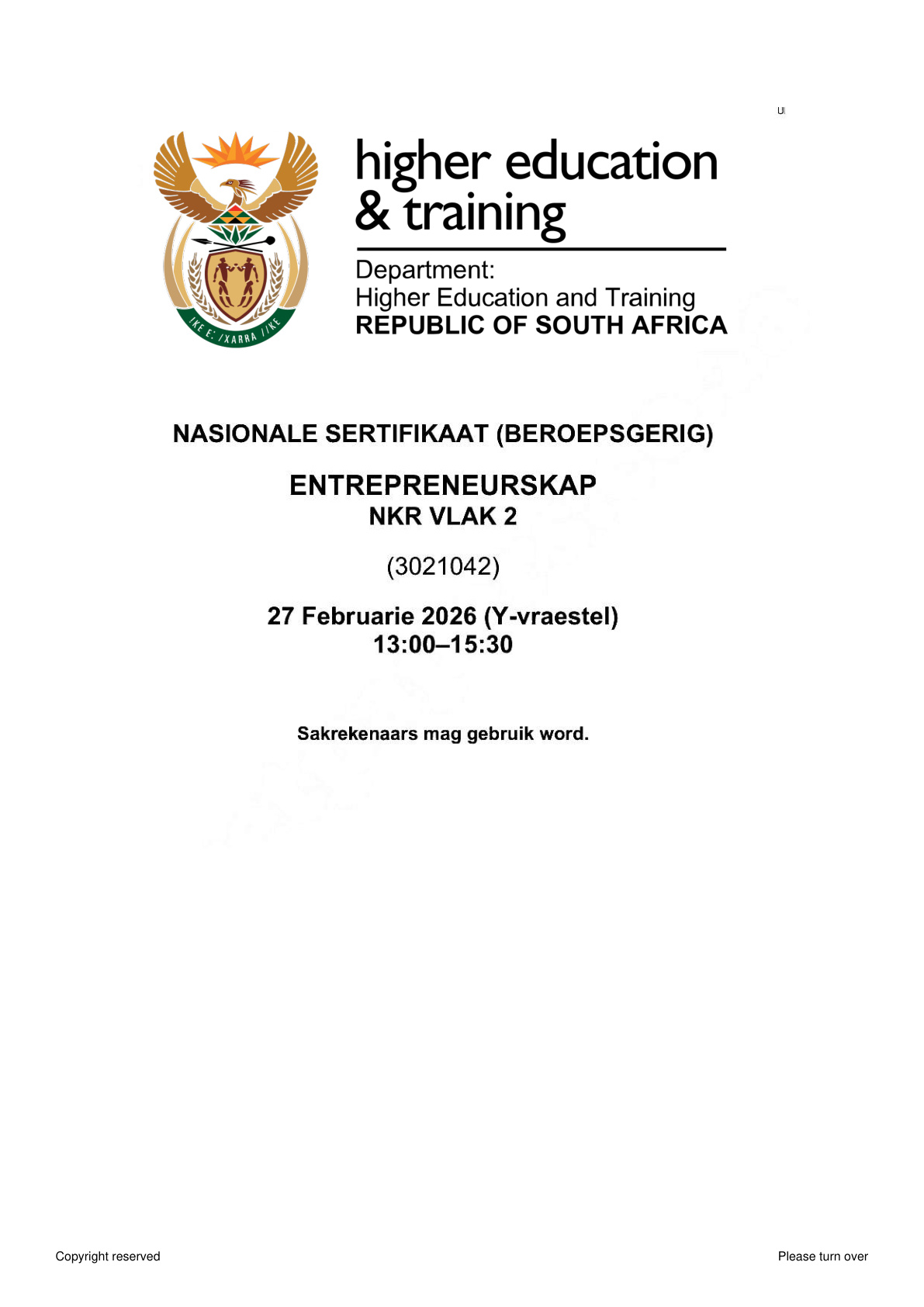 Entrepreneurship Level 2 DHET NCV 2026 - Question Paper