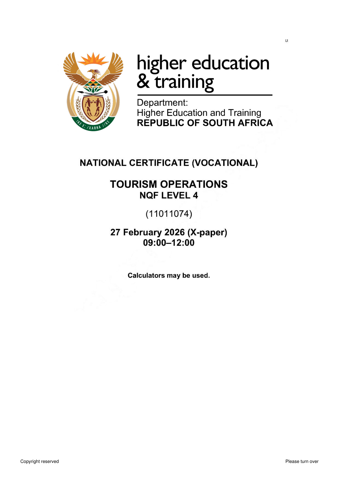 Tourism Operations Level 4 DHET NCV February 2026 - Question Paper