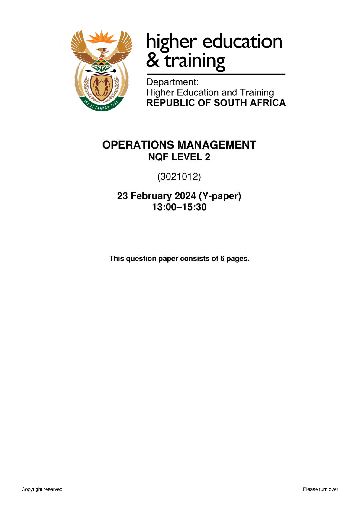 Operations Management Level 2 DHET NCV February 2024 - Question Paper