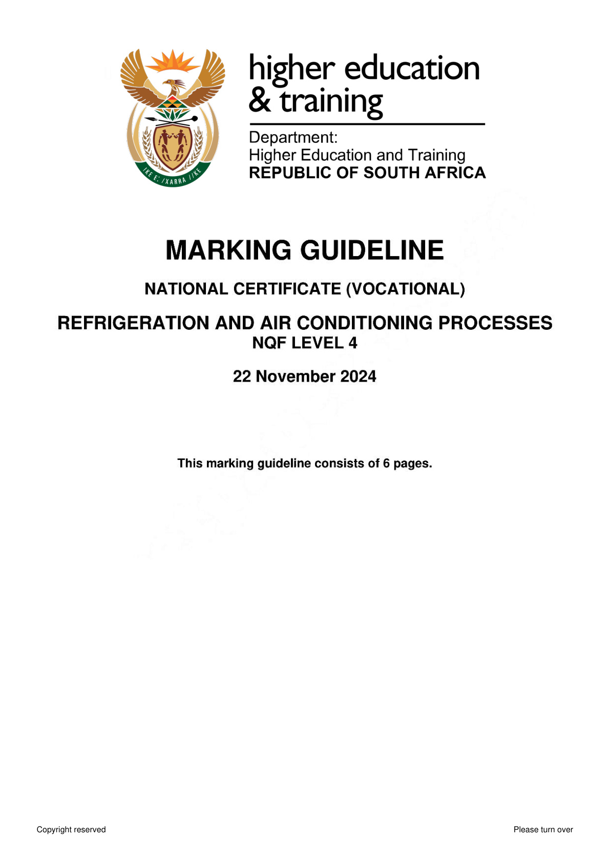 Refrigeration and Air Conditioning Processes Level 4 DHET NCV November 2024 - Memo