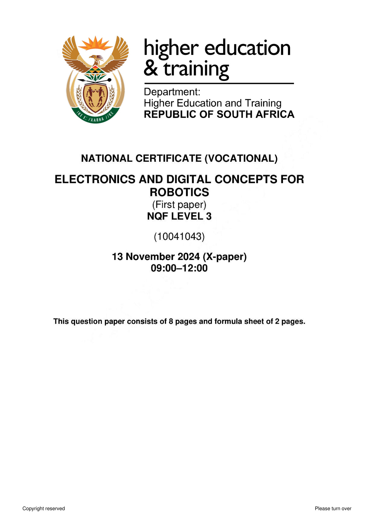 Electronics and Digital Concepts for Robotics Level 3 DHET NCV November 2024 Paper 1 - Question Paper