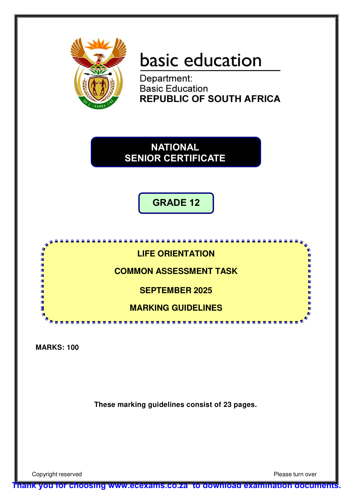 Life Orientation Grade 12 DBE NSC September 2025 - Memo (Eastern Cape)