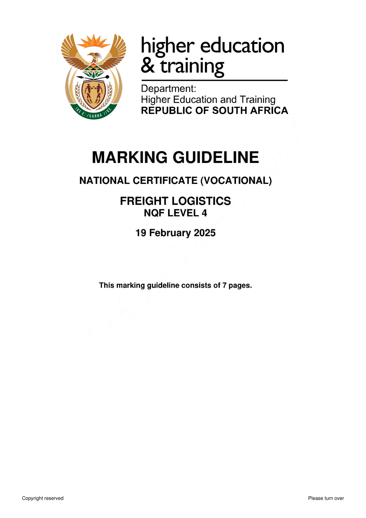 Freight Logistics Level 4 DHET NCV February 2025 - Memo