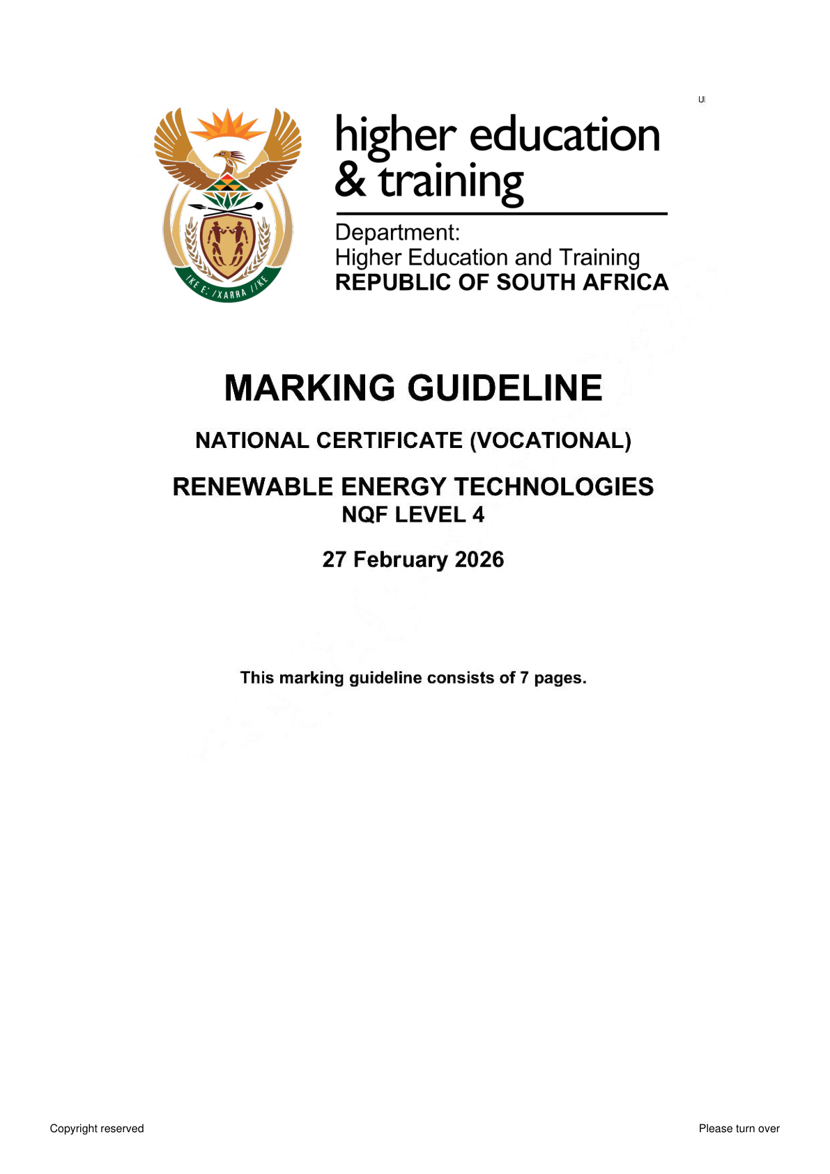 Renewable Energy Technologies Level 4 DHET NCV 2026 - Memo