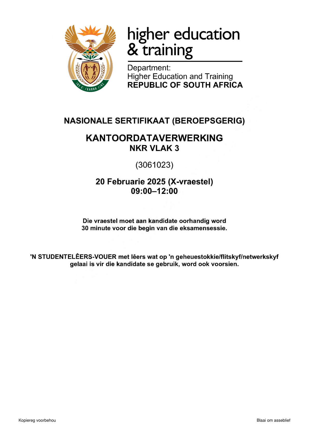 Office Data Processing Level 3 DHET NCV 2026 - Question Paper