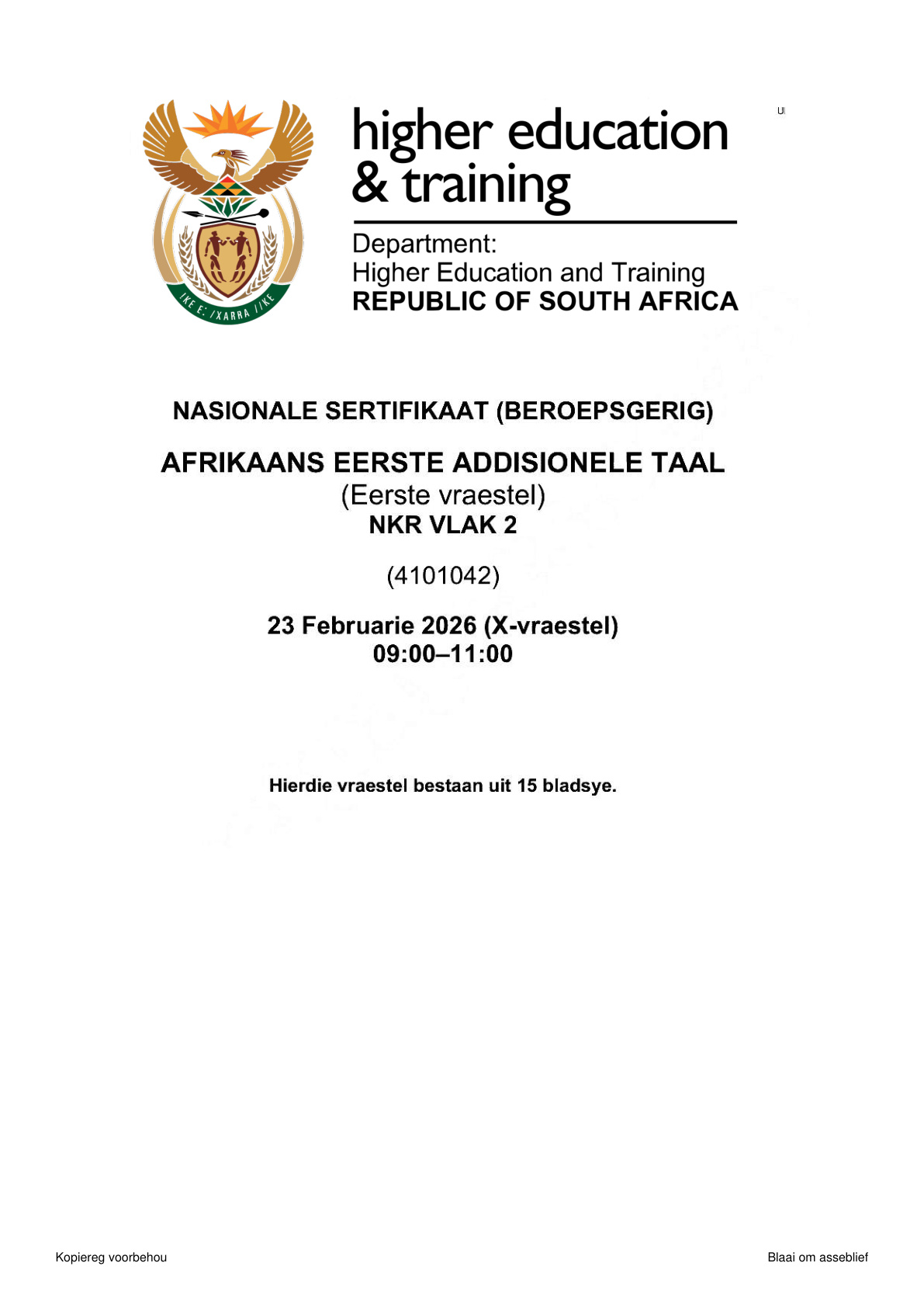 Afrikaans First Additional Language Level 2 DHET NCV 2026 Paper 1 - Question Paper