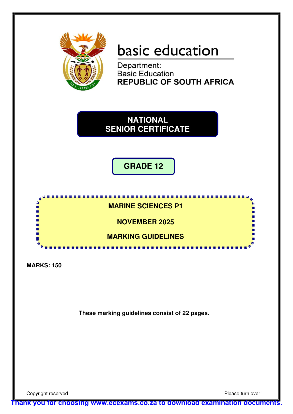 Marine Sciences Grade 12 DBE NSC November 2025 Paper 1 - Memo (Eastern Cape)