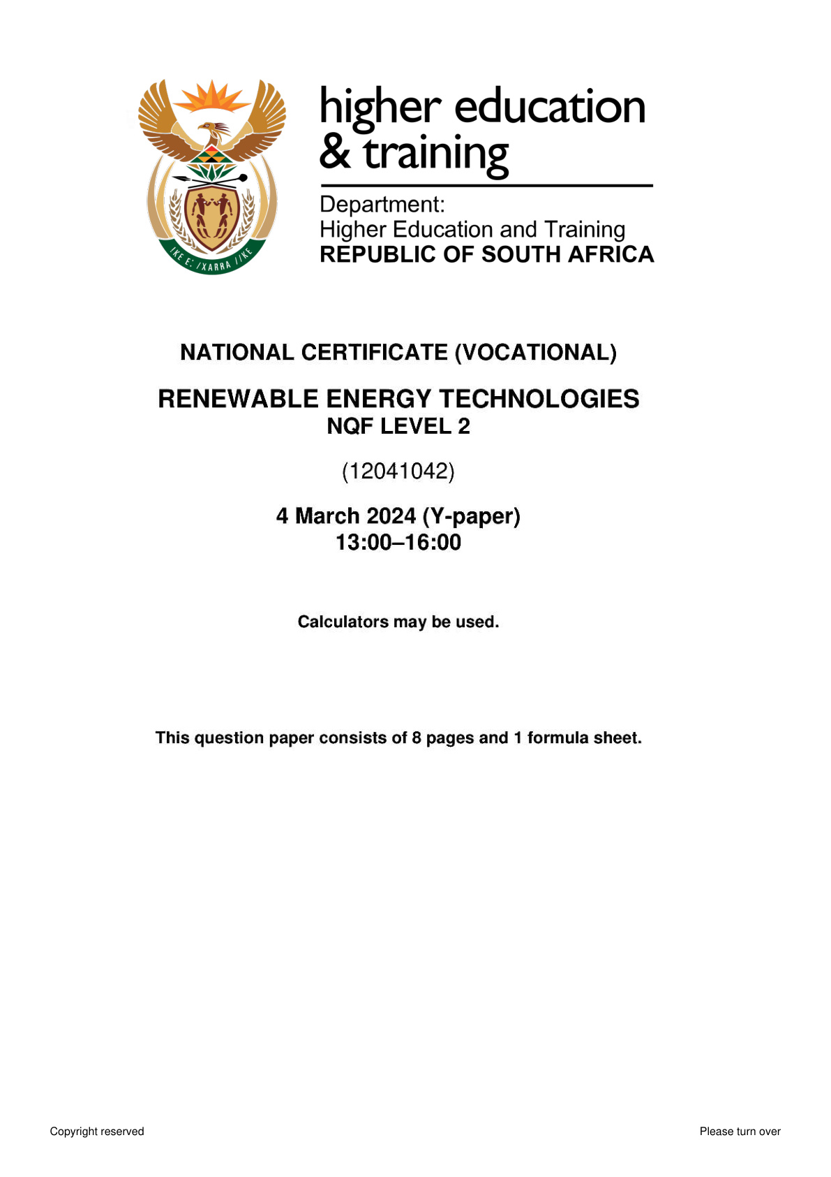 Renewable Energy Technologies Level 2 DHET NCV 2024 - Question Paper