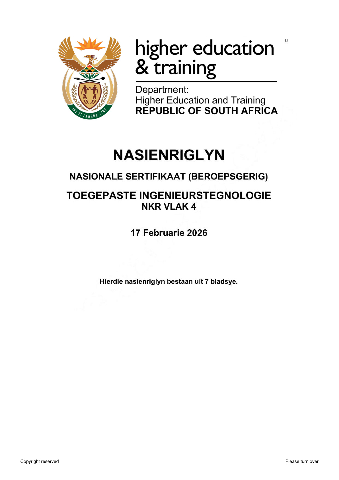 Applied Engineering Technology Level 4 DHET NCV 2026 - Memo