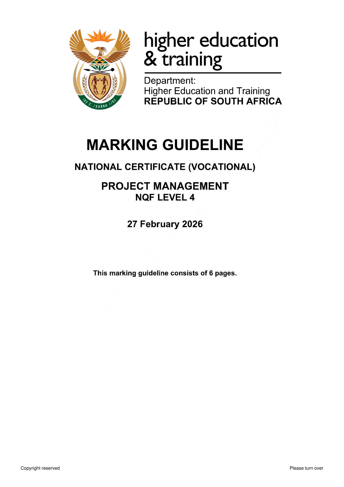Project Management Level 4 DHET NCV 2026 - Memo