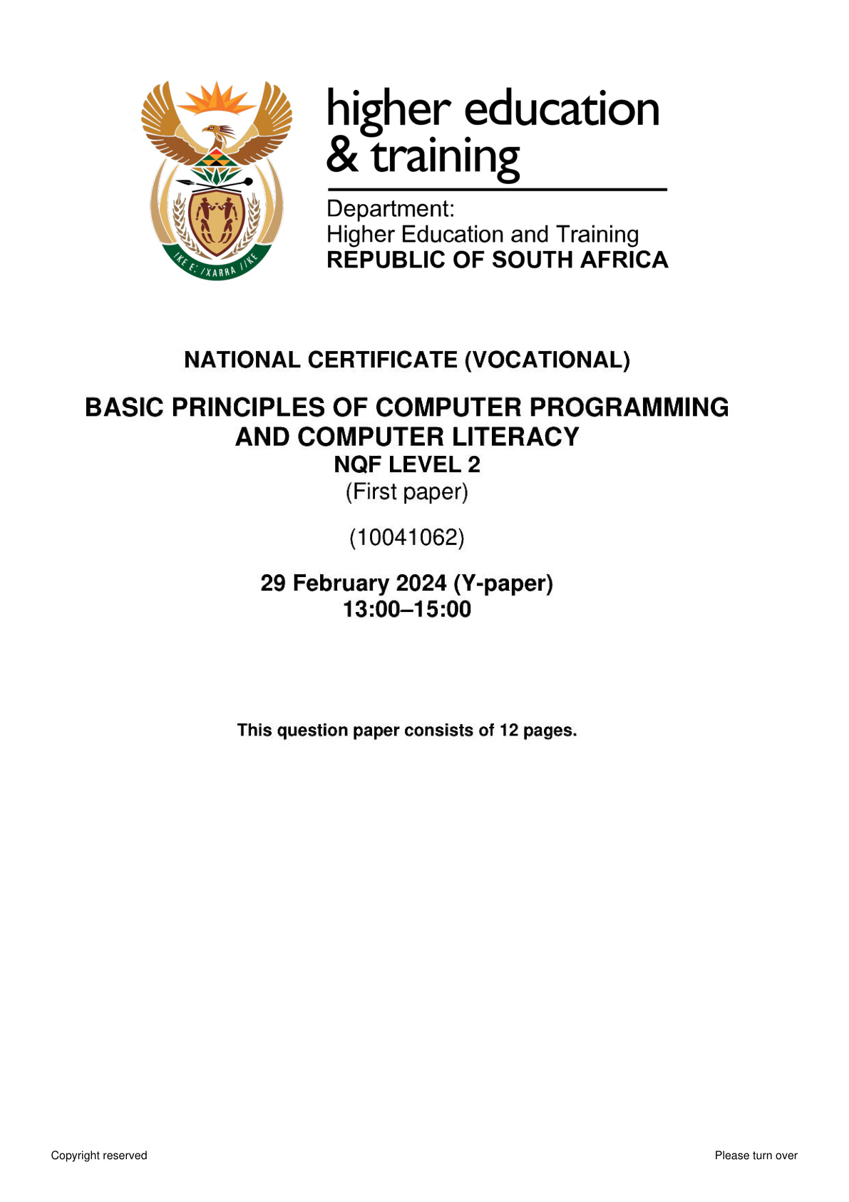 Basic Principles of Computer Programming and Computer Literacy Level 2 DHET NCV 2024 Paper 1 - Question Paper