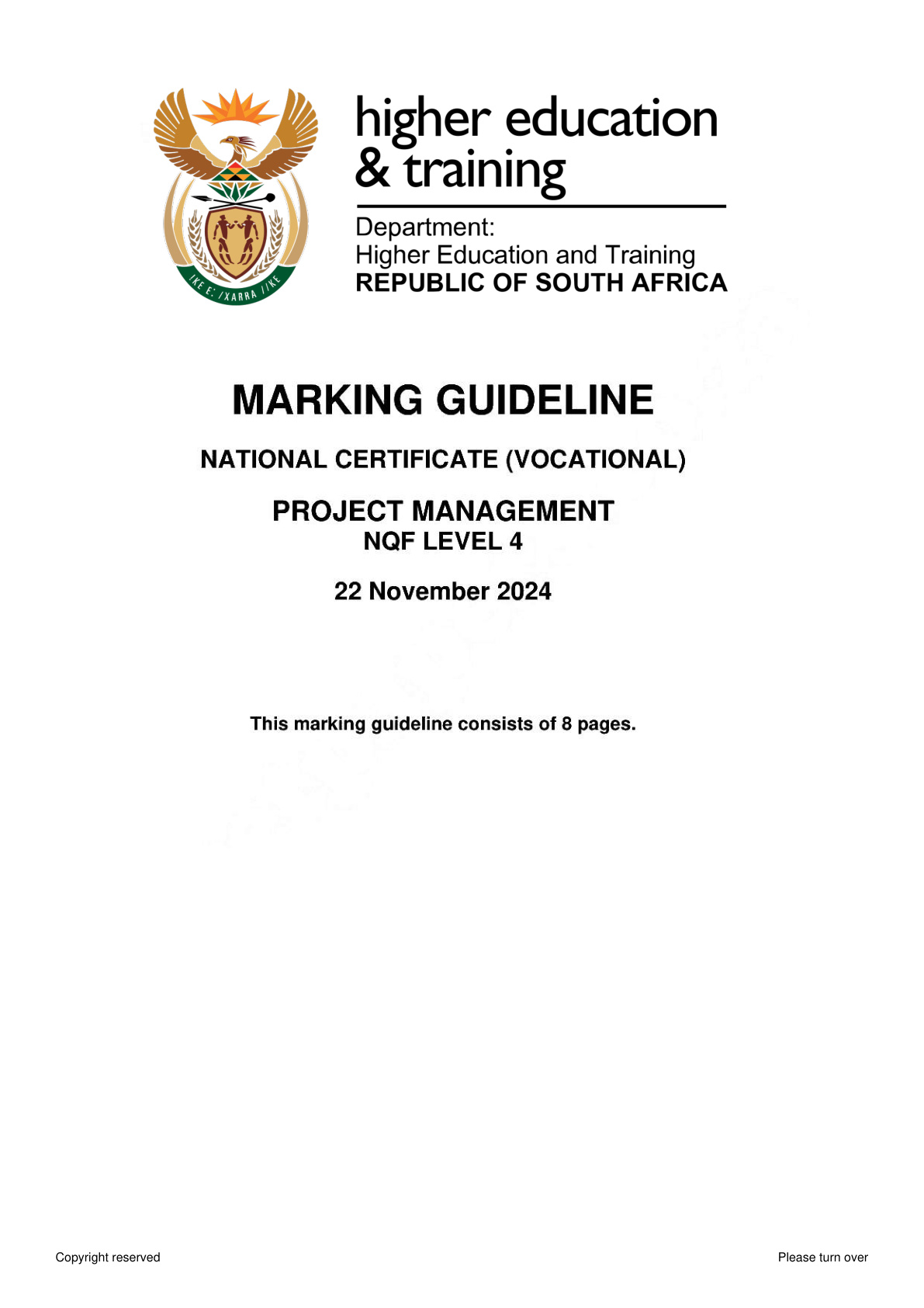 Project Management Level 4 DHET NCV November 2024 - Memo
