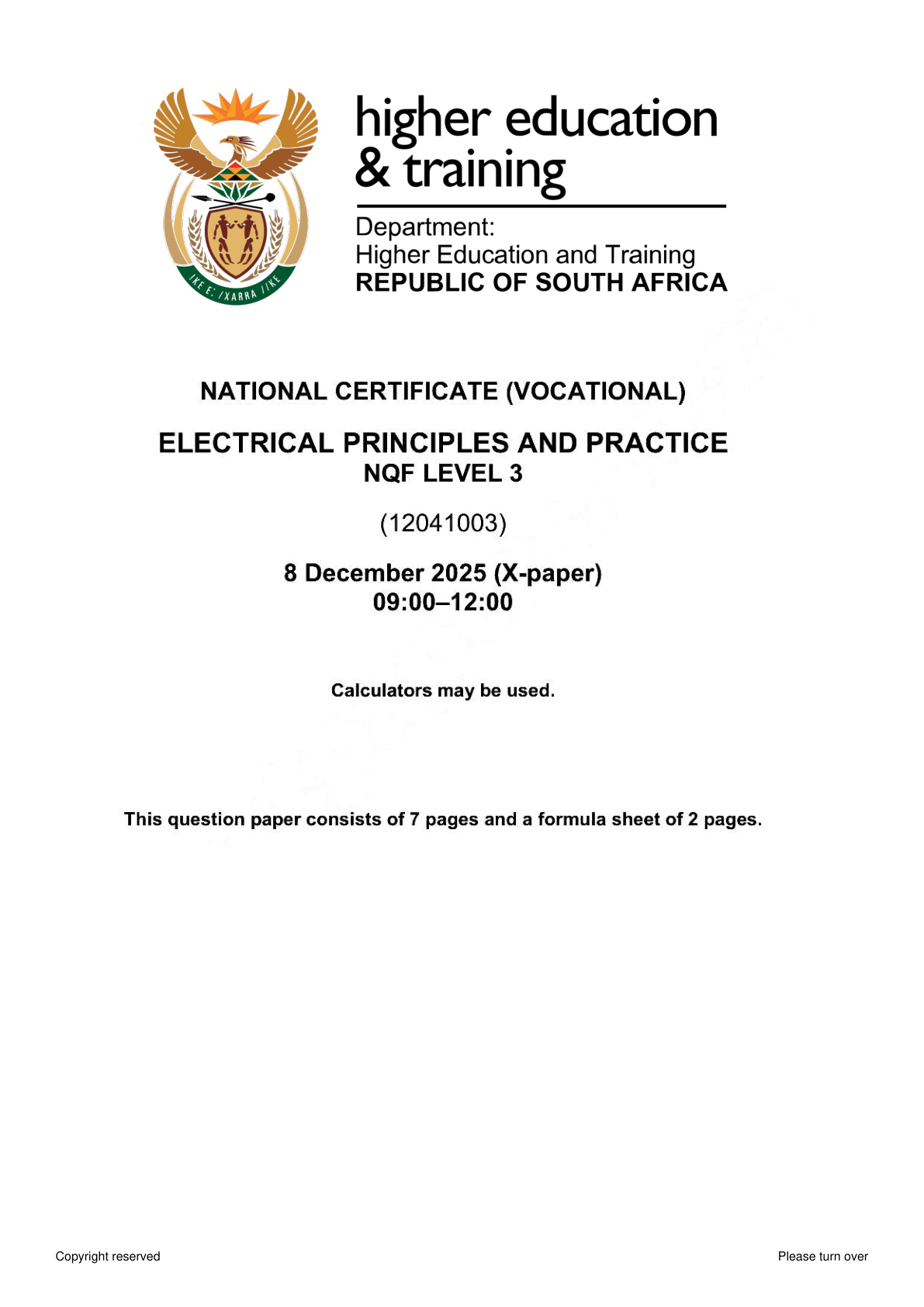 Electrical Principles and Practice Level 3 DHET NCV November 2025 - Question Paper