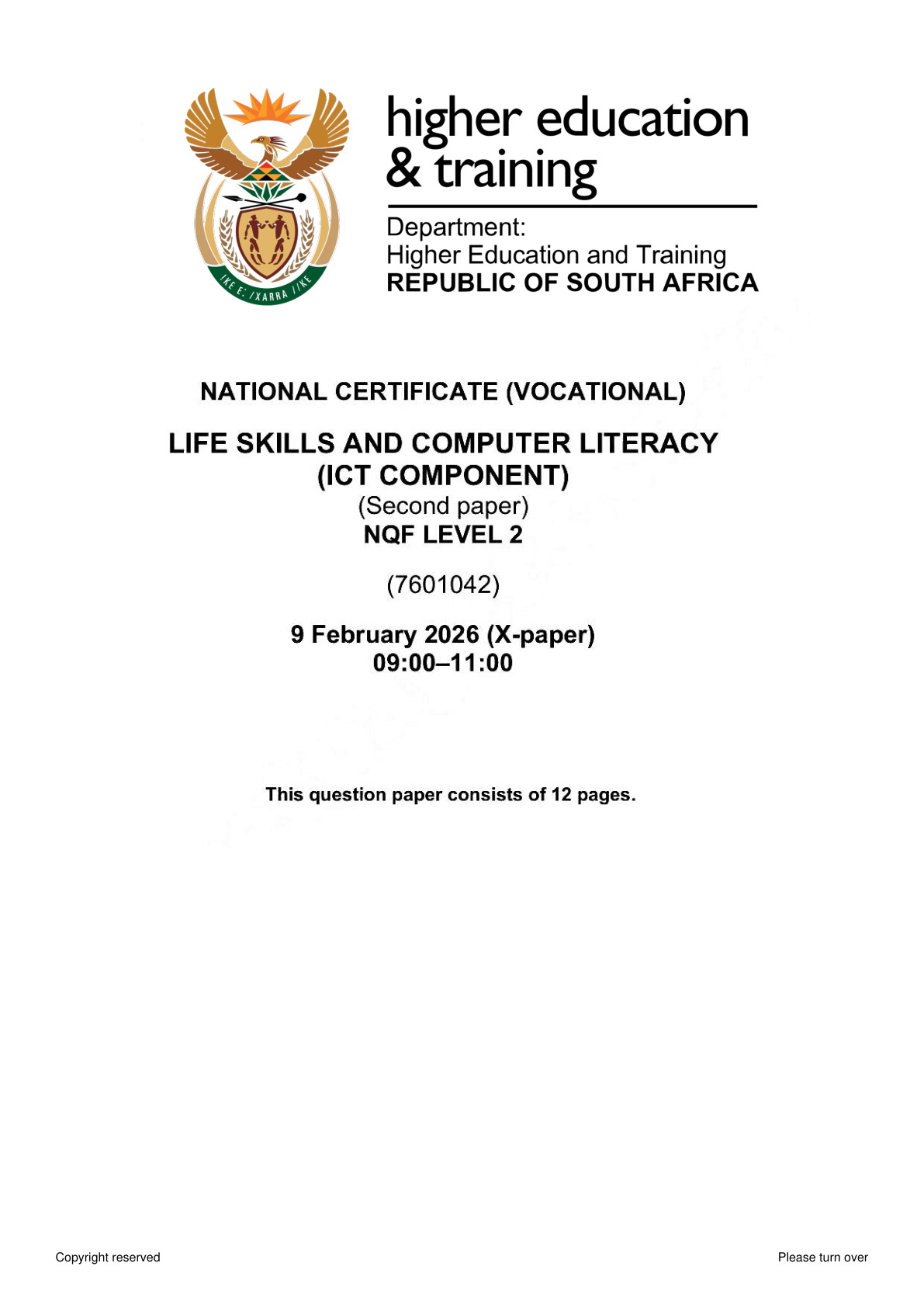 Life Skills and Computer Literacy Level 2 DHET NCV February 2026 Paper 2 - Question Paper