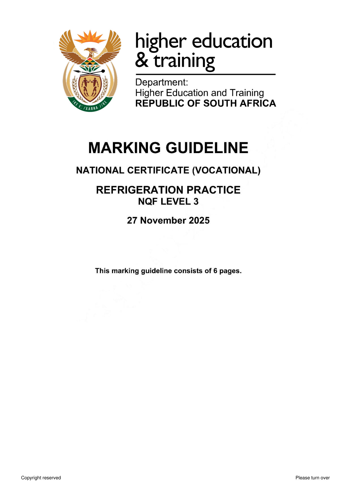 Refrigeration Practice Level 3 DHET NCV November 2025 - Memo