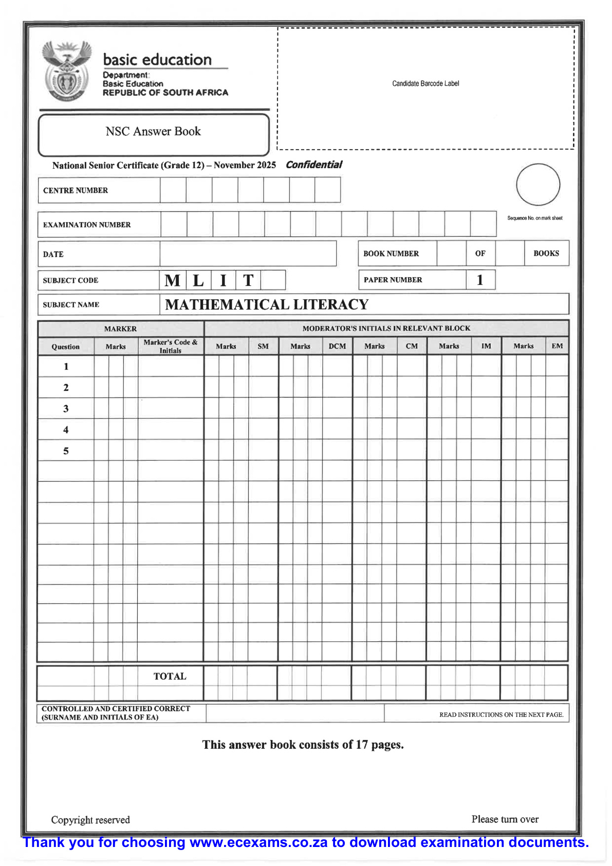 Mathematical Literacy Grade 12 DBE NSC November 2025 Paper 1 - Answer Book (Eastern Cape)