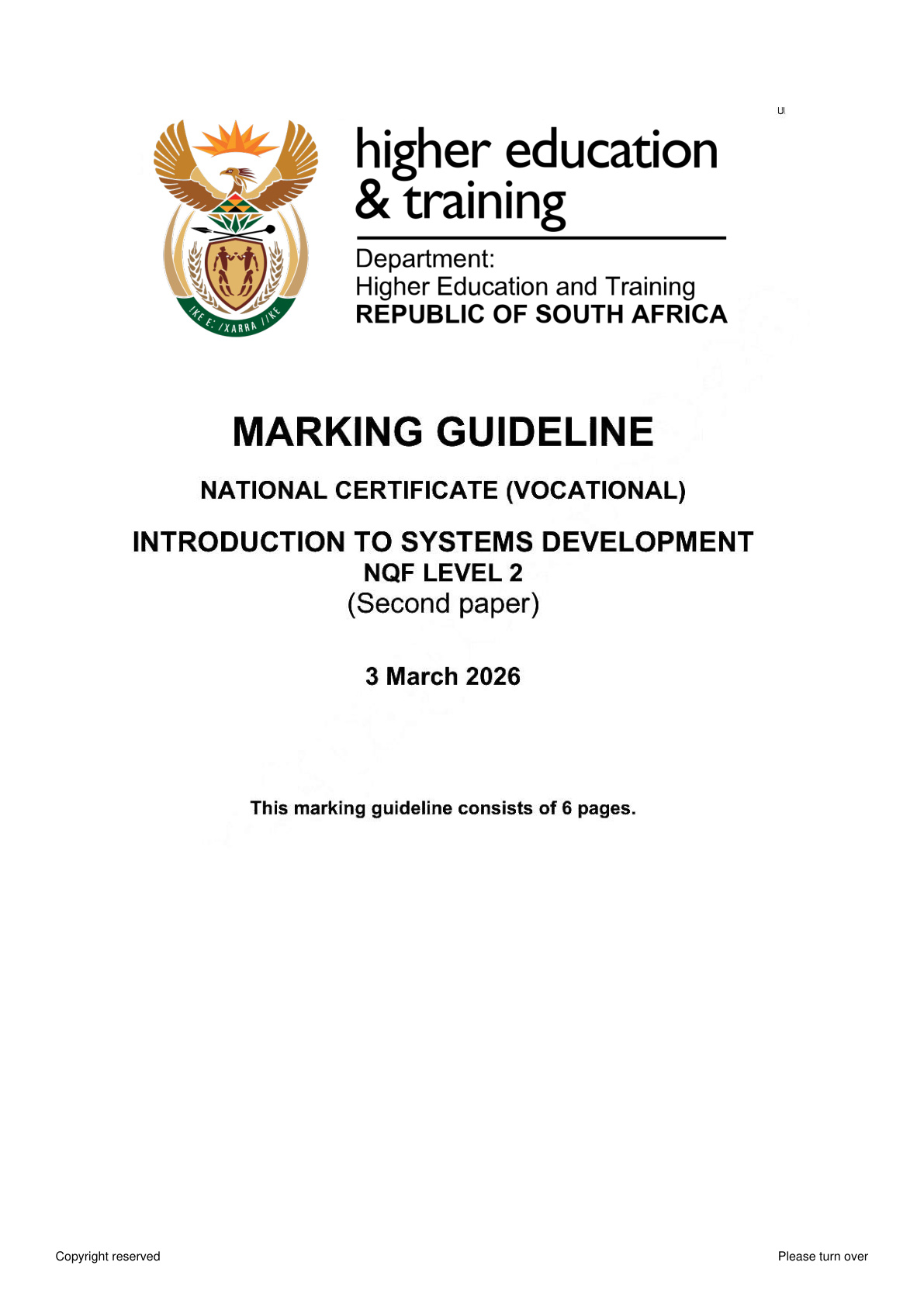 INTRODUCTION TO SYSTEMS DEVELOPMENT Level 2 DHET NCV 2026 Paper 2 - Memo