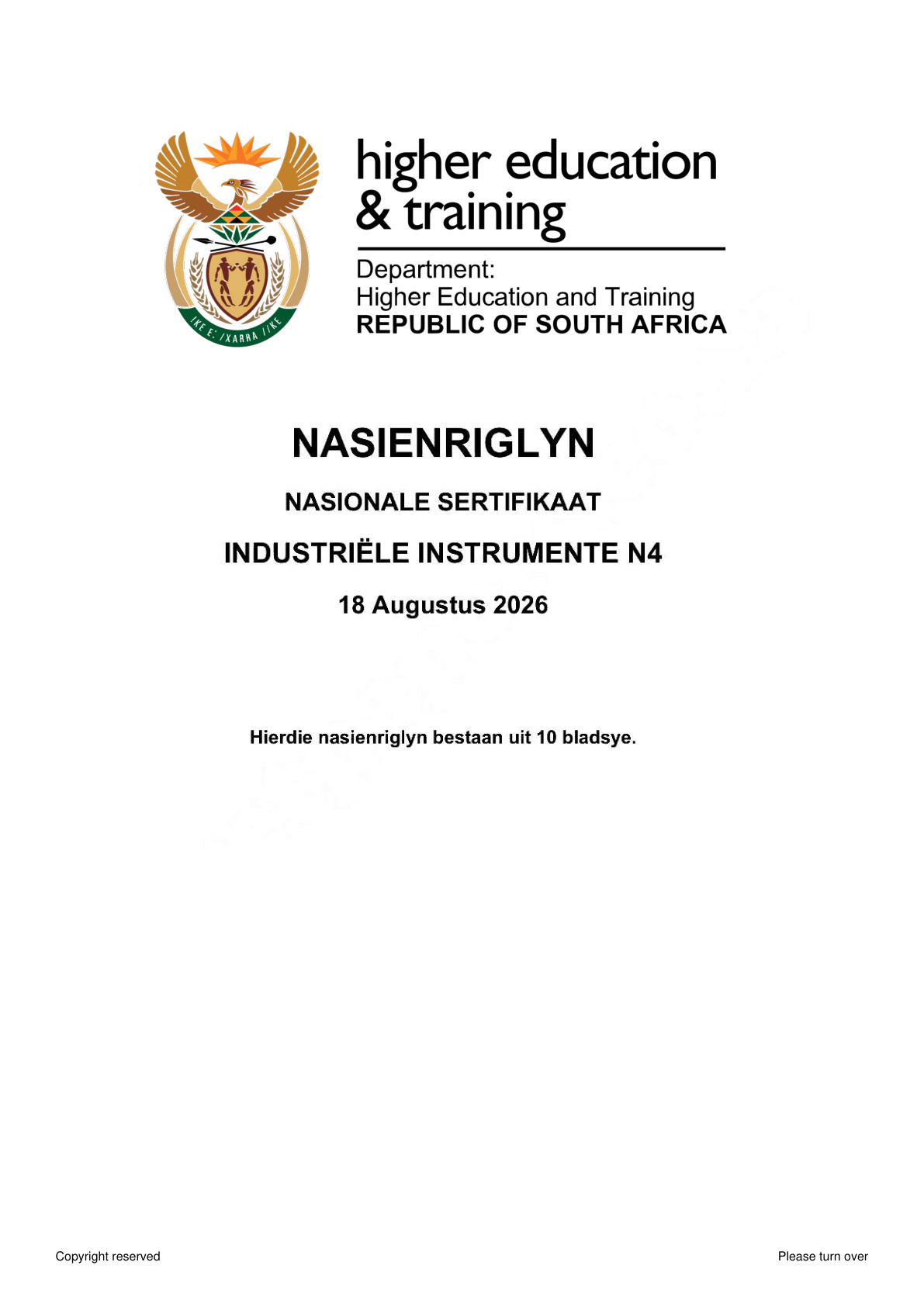 Industrial Instruments N4 DHET NATED August 2026 - Memo