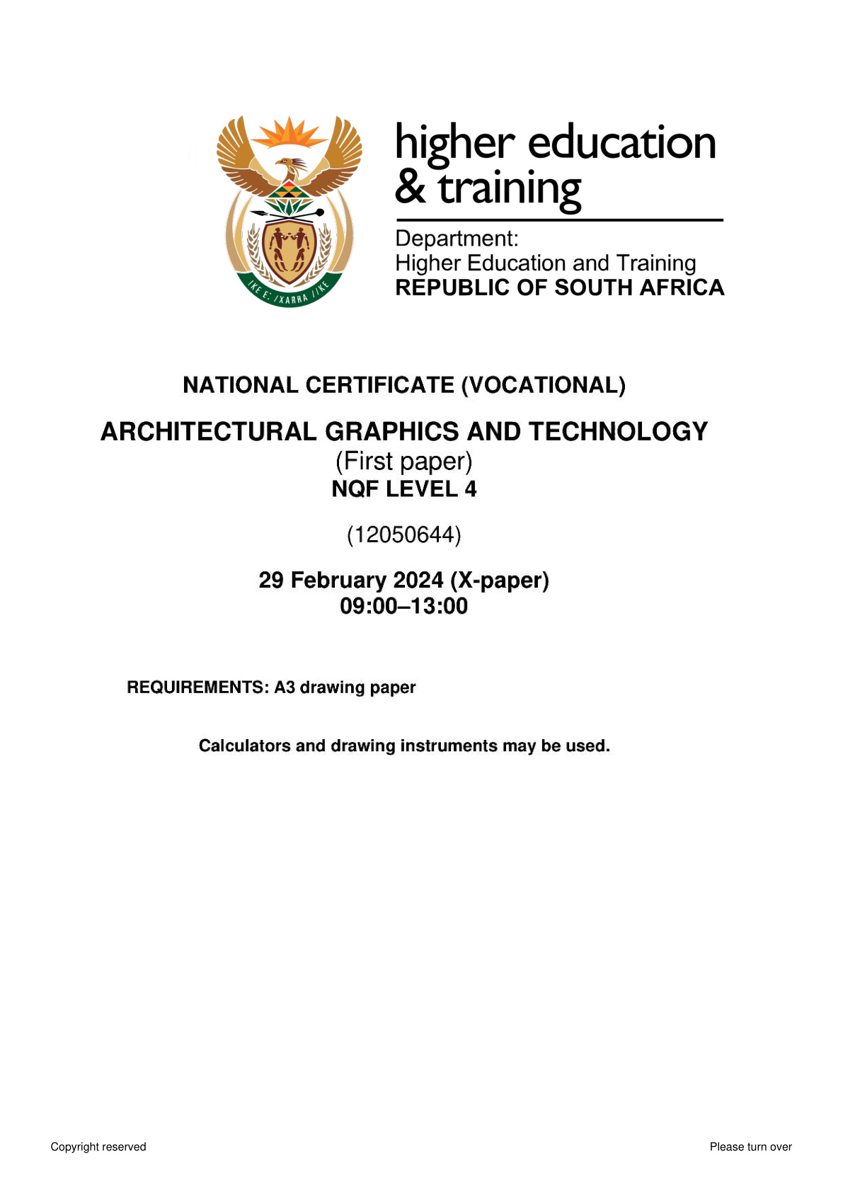 Architectural Graphics and Technology Level 4 DHET NCV 2024 Paper 1 - Question Paper
