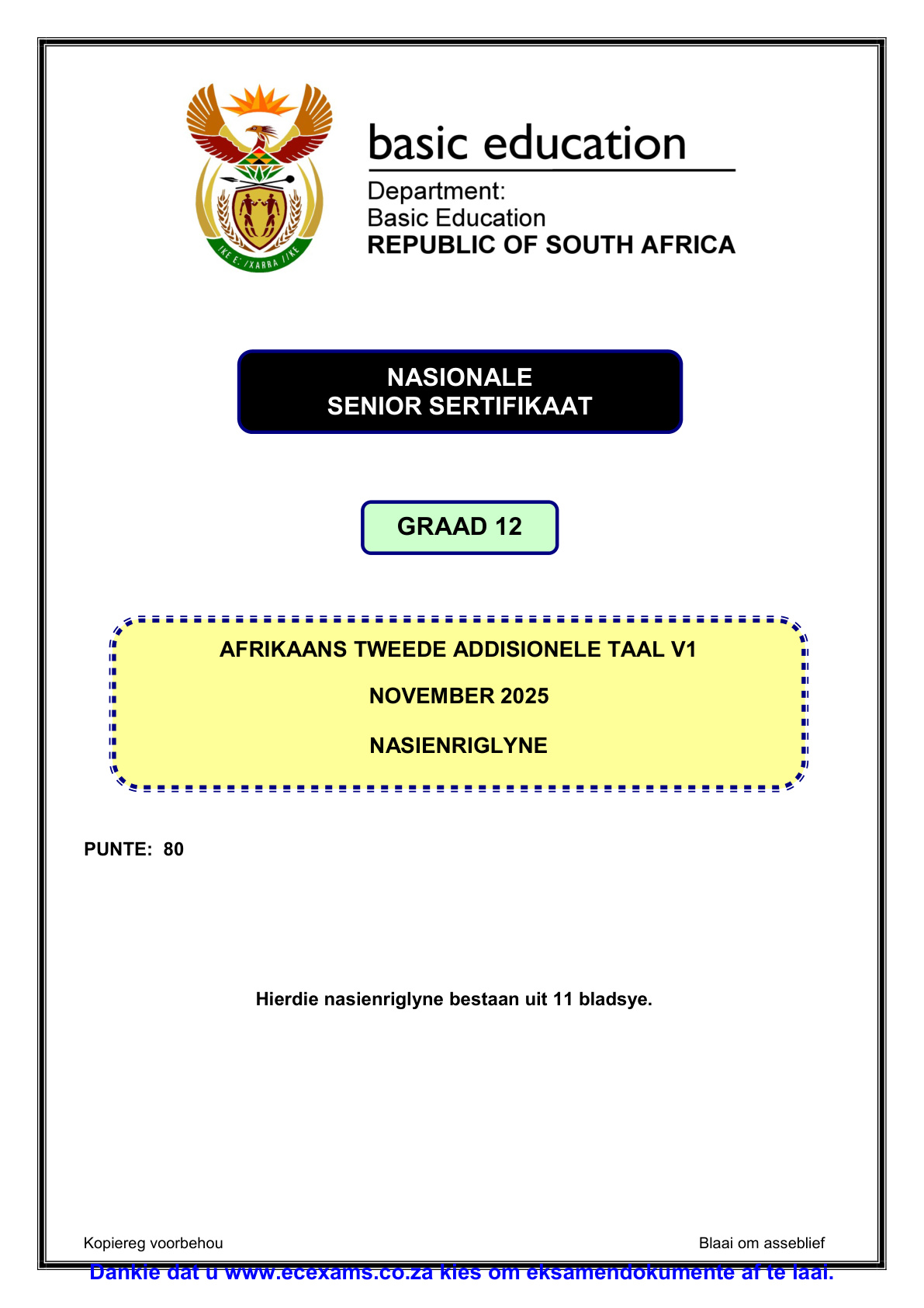 Afrikaans Second Additional Language Grade 12 DBE NSC November 2025 Paper 1 - Memo (Eastern Cape)
