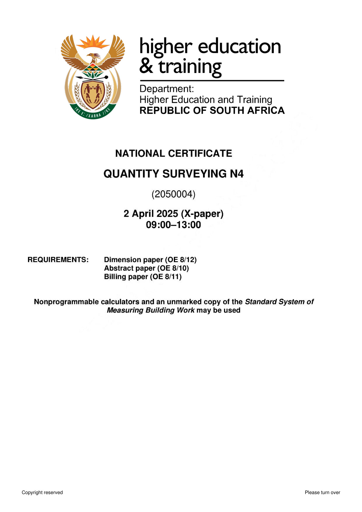 Quantity Surveying N4 DHET NATED April 2025 Paper X - Question Paper