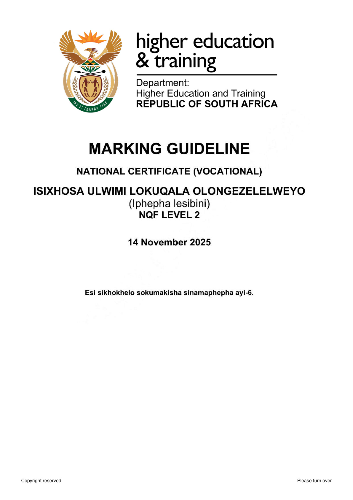 isiXhosa First Additional Language Level 2 DHET NCV November 2025 Paper 2 - Memo