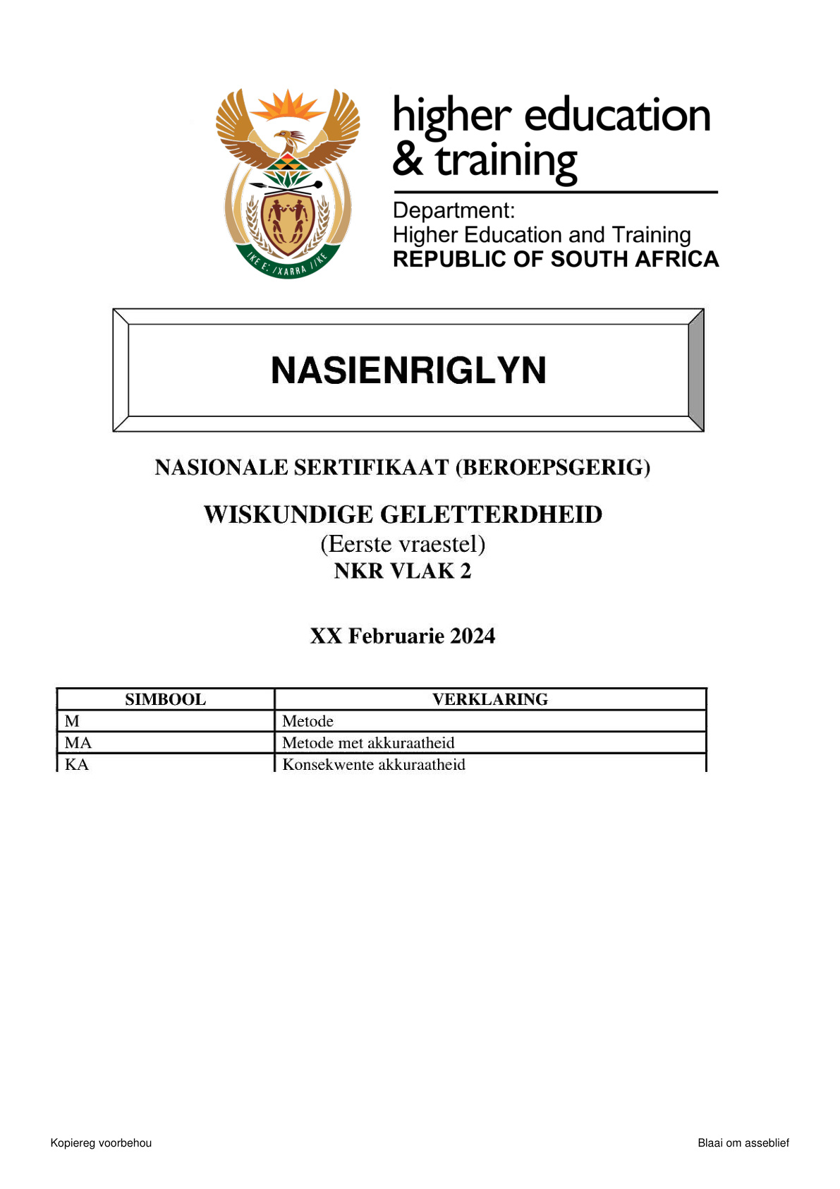 Mathematical Literacy Level 2 DHET NCV 2024 Paper 1 - Memo