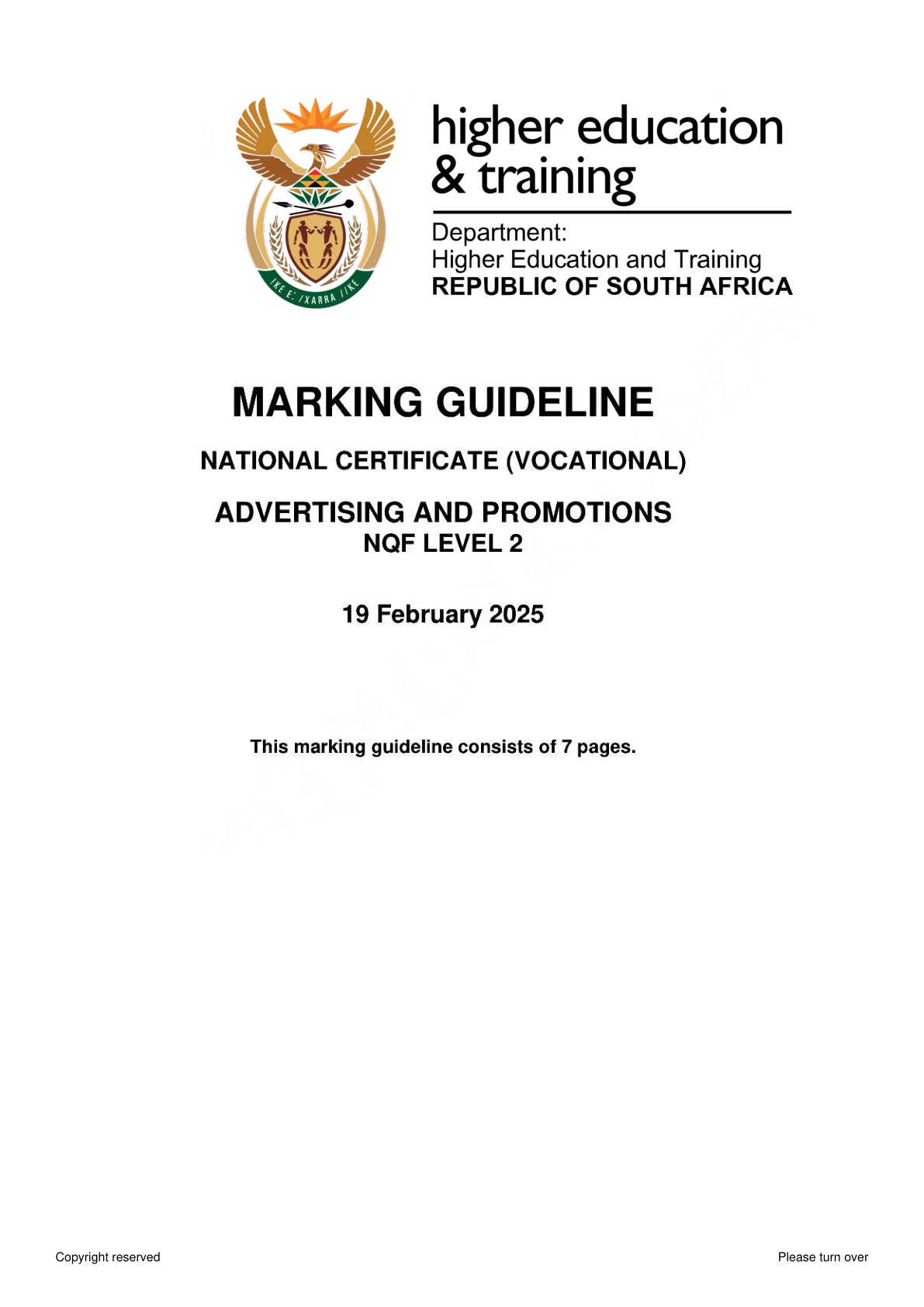 Advertising and Promotions Level 2 DHET NCV February 2025 - Memo