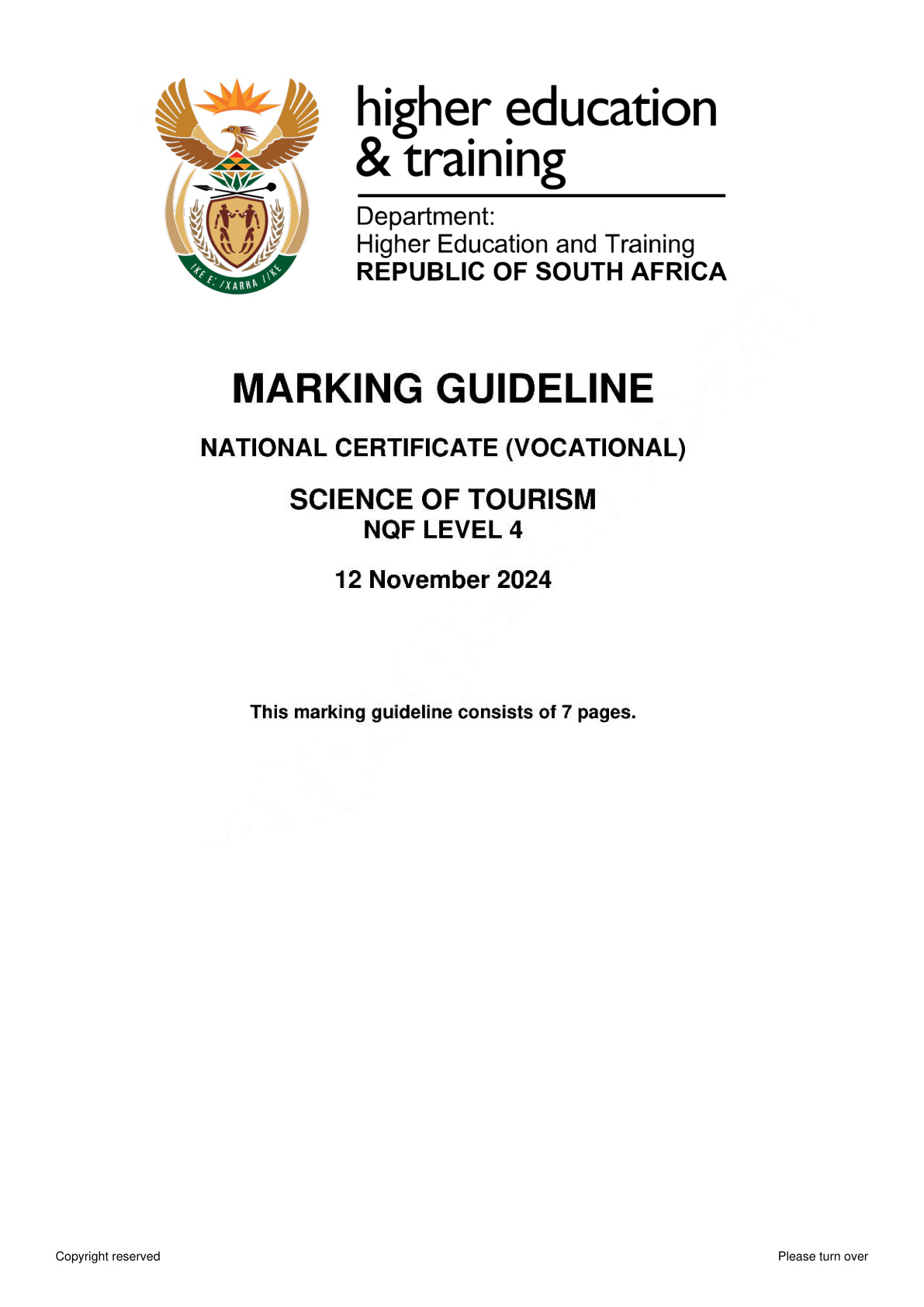 Science of Tourism Level 4 DHET NCV November 2024 - Memo