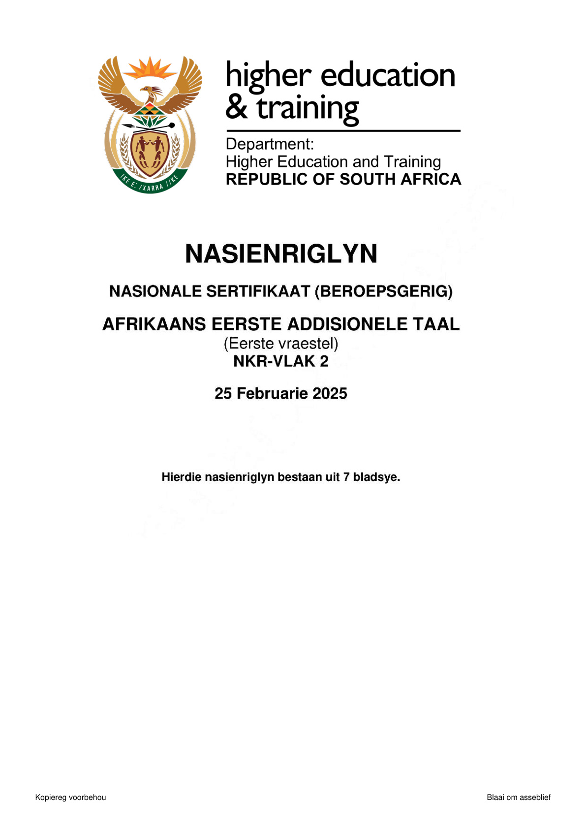 Afrikaans First Additional Language Level 2 DHET NCV February 2025 Paper 1 - Memo