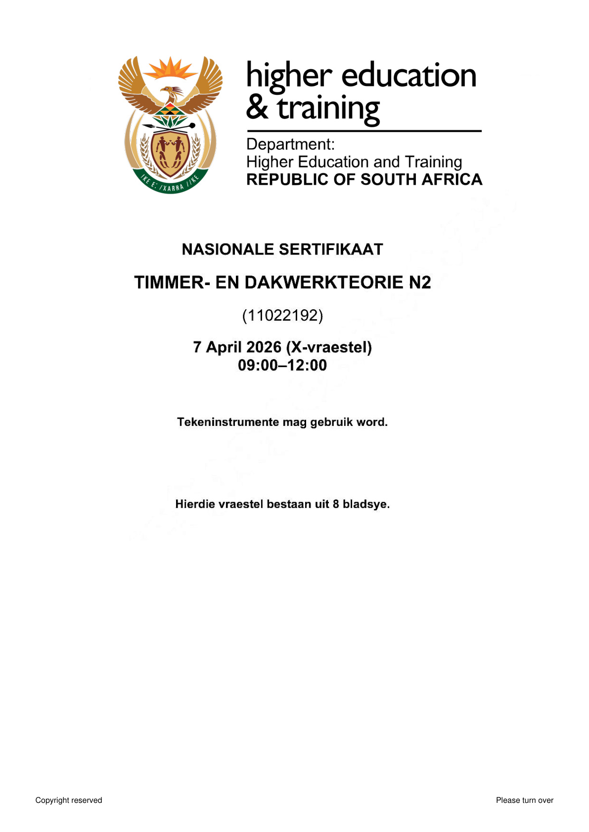 Carpentry and Roofwork N2 DHET NATED April 2026 Paper X - Question Paper