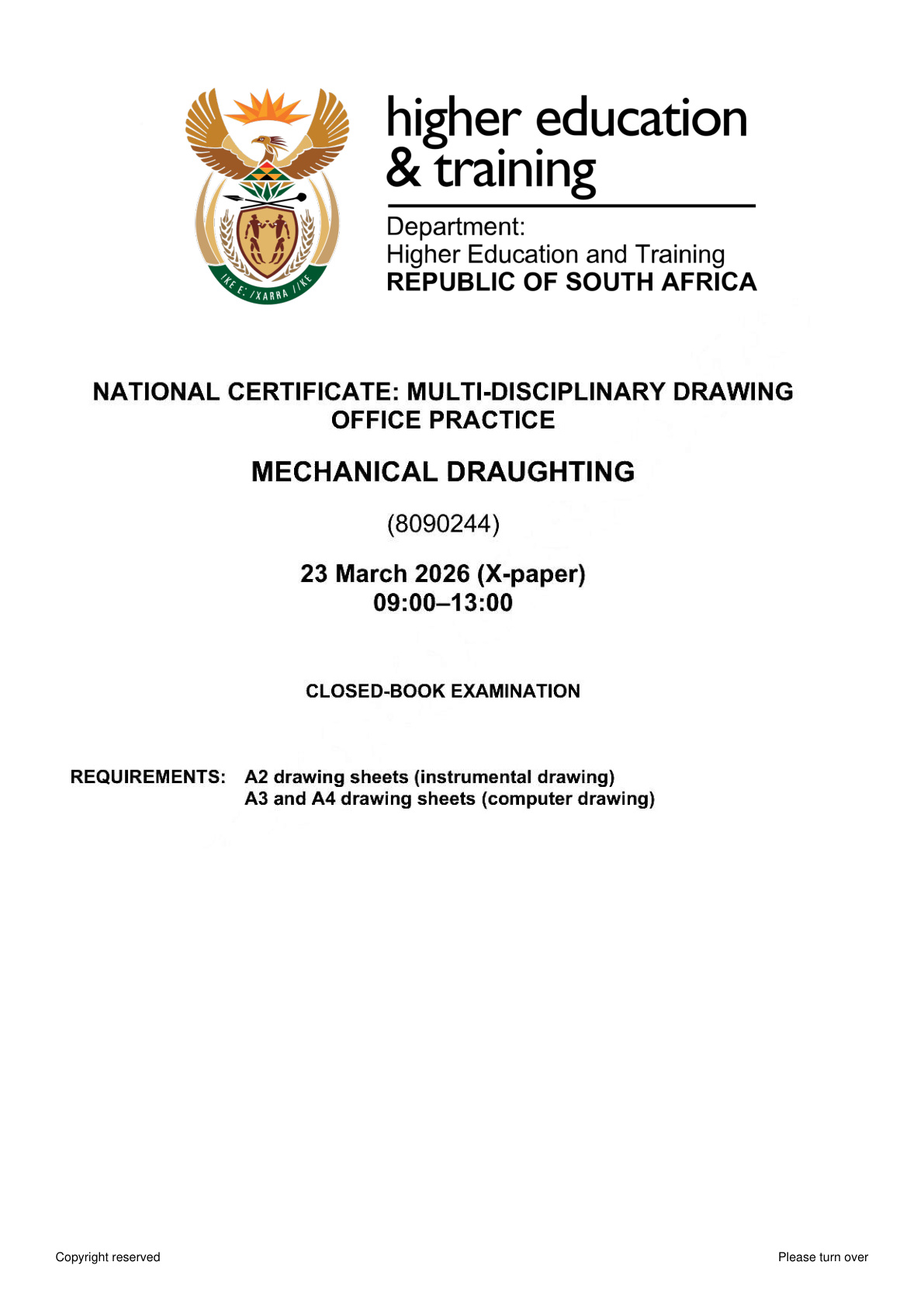 Mechanical Draughting N4 Dhet Nated April 2026 Paper 10 - Question Paper