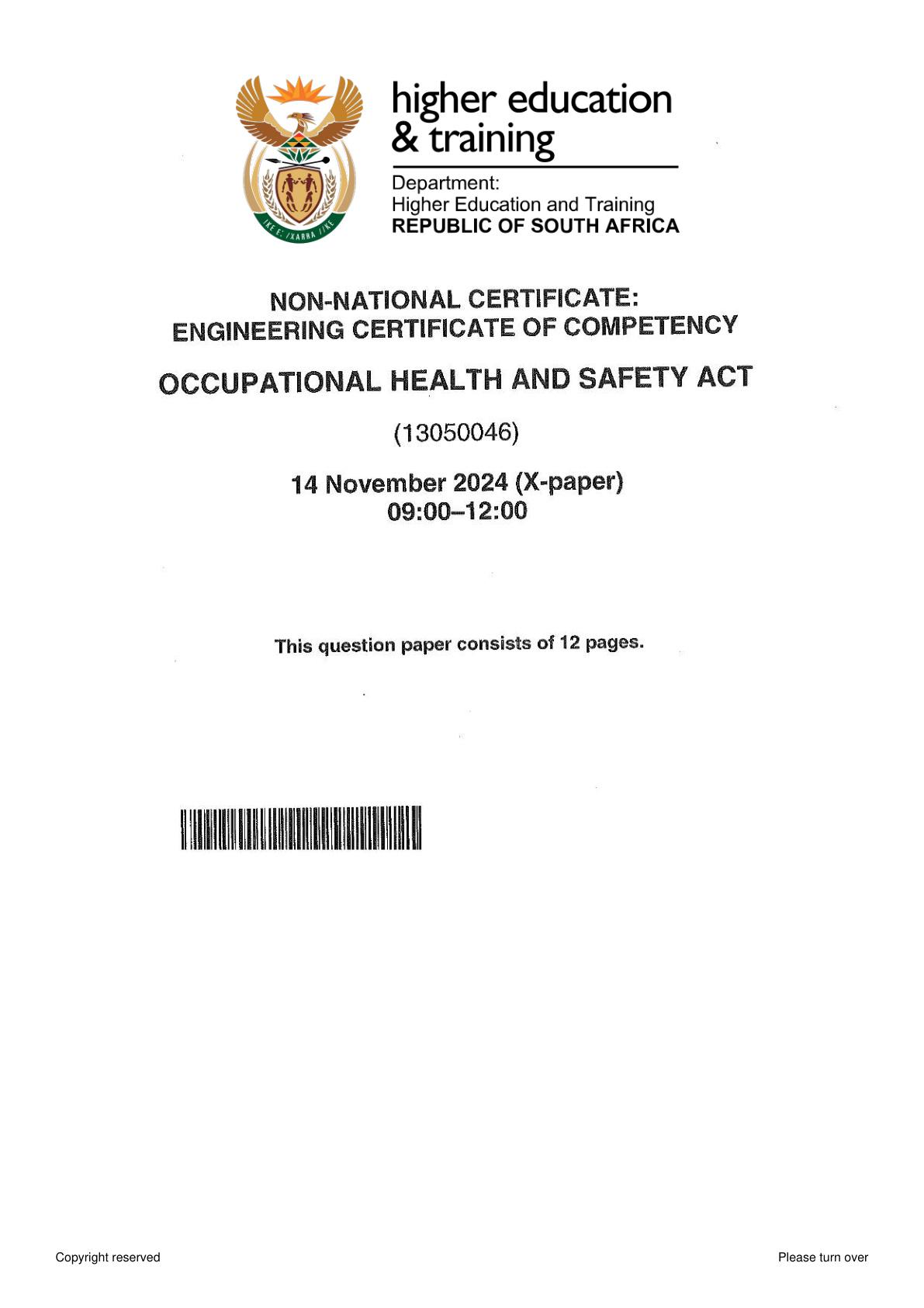 Occupational Health and Safety Certificate of Competency November 2024 Paper X - Question Paper