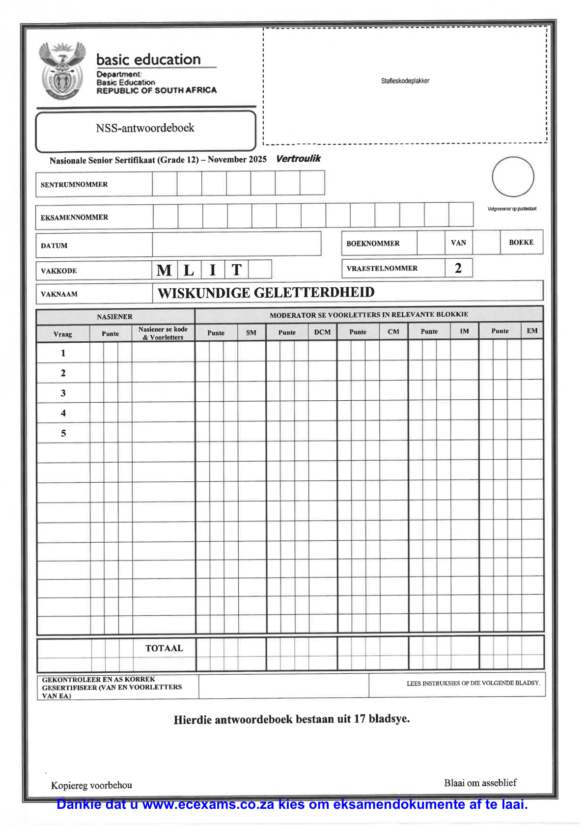 Mathematical Literacy Grade 12 DBE NSC November 2025 Paper 2 - Answer Book (Eastern Cape)